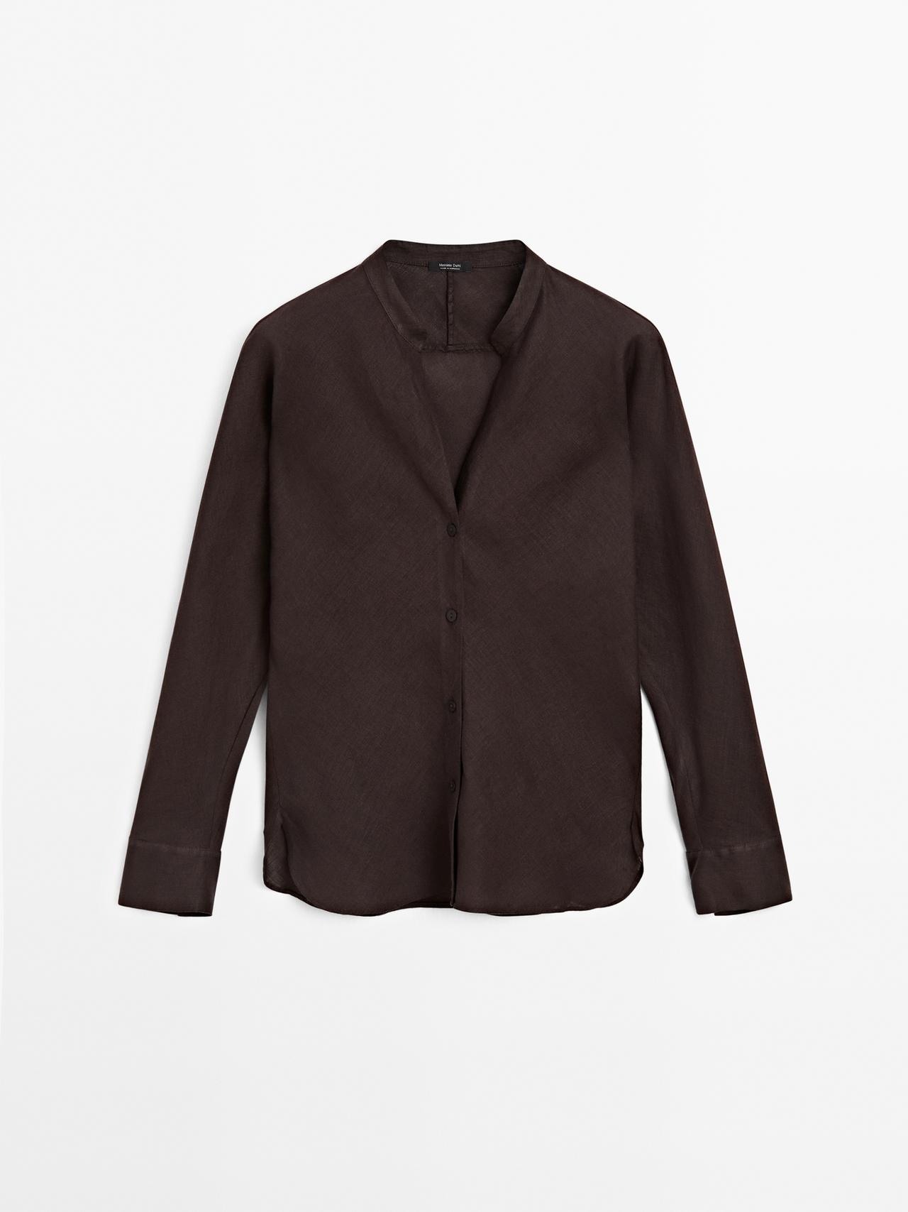 Massimo Dutti - Dame - Løstsiddende Skjorte I Hør Med Ståkrave - Granatrød - S