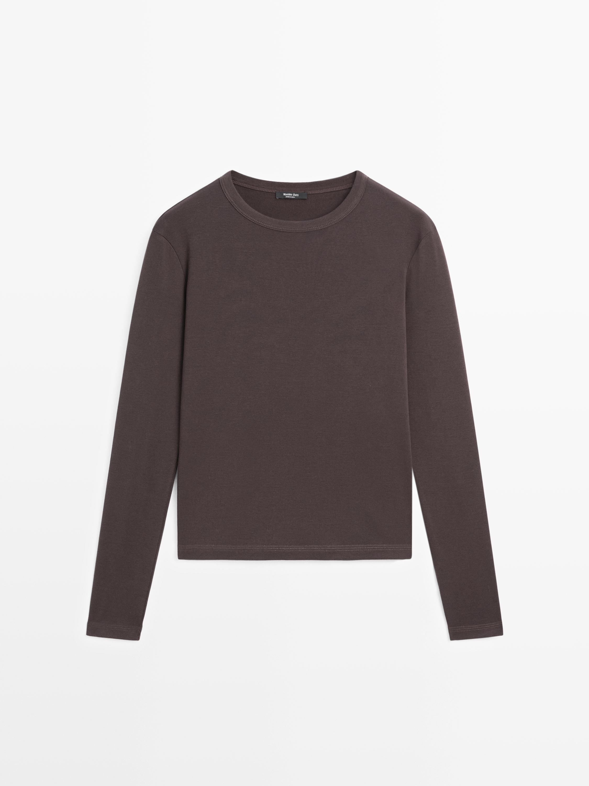 Ribbed long sleeve melange T-shirt — BROWN