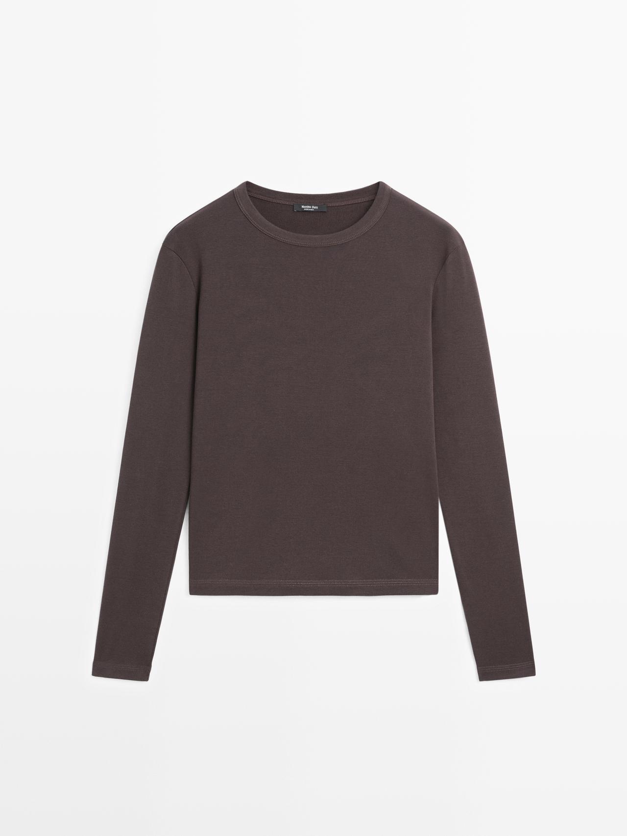 Massimo Dutti - Dame - Langærmet T-Shirt I Ribstof Med Melange - Brun - L