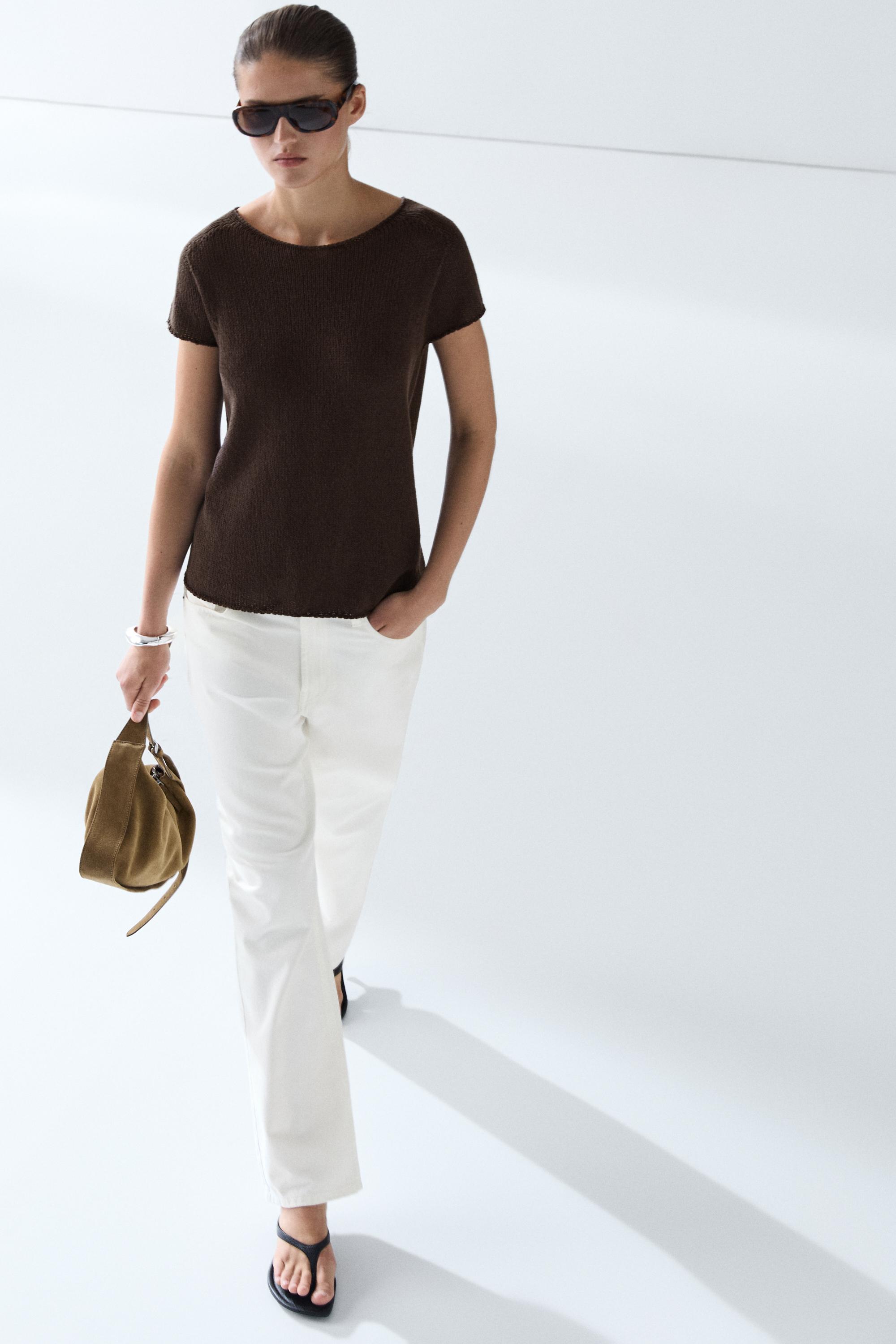 Cotton blend short sleeve knit sweater — Chocolate