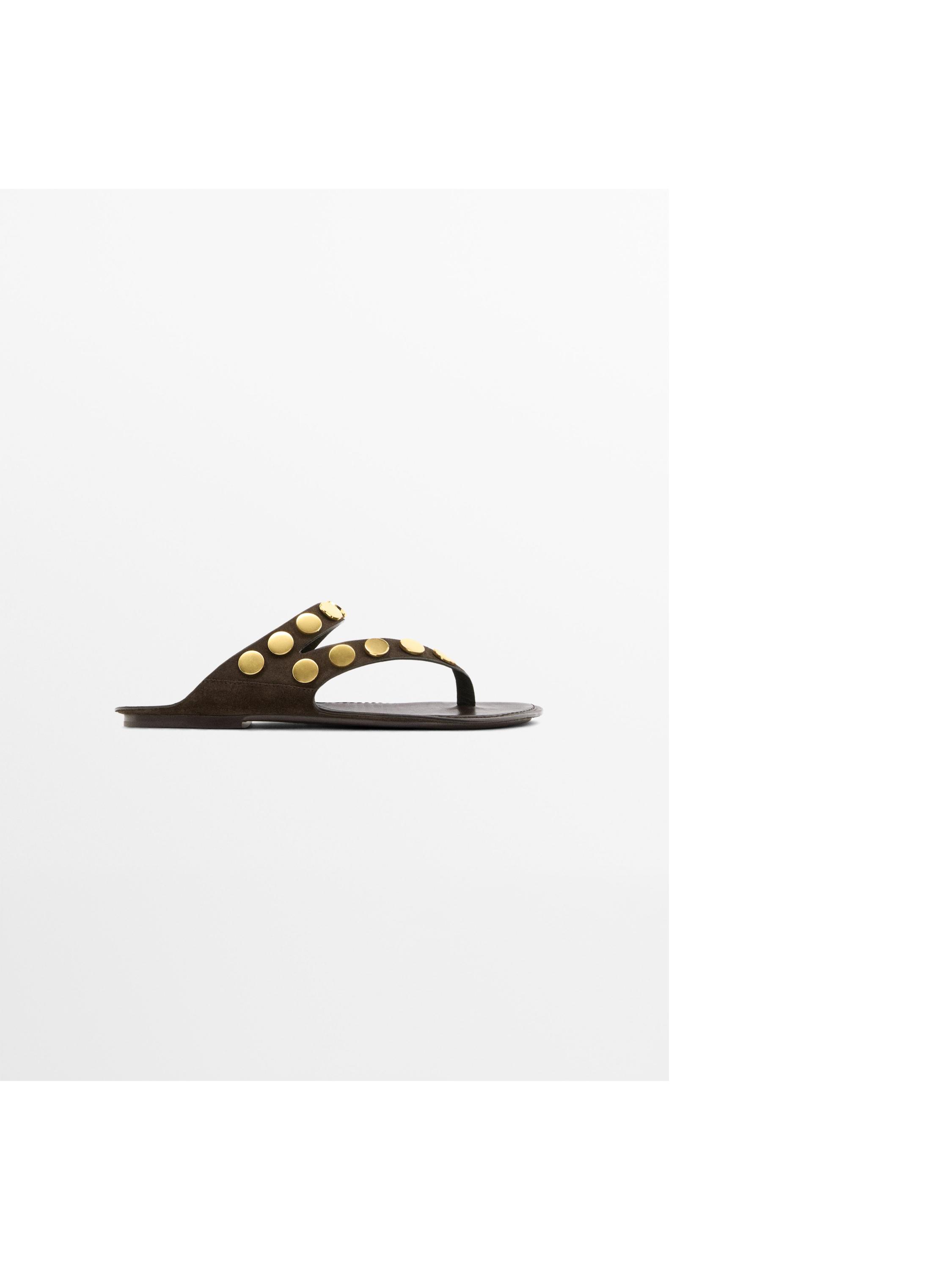 Metallic studded flat sandals — BROWN