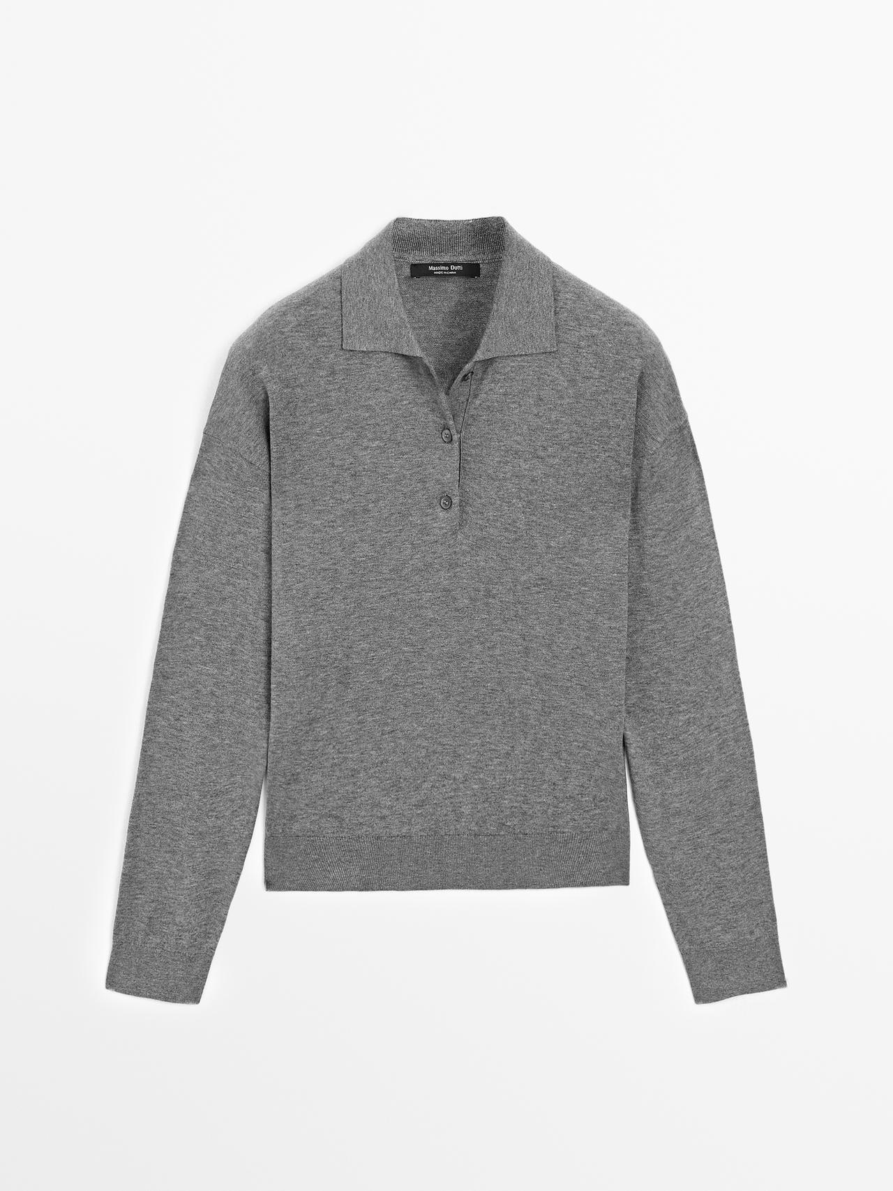 Massimo Dutti - Dame - Strikket Polotrøje I Bomuldsblanding - Grå - Xl