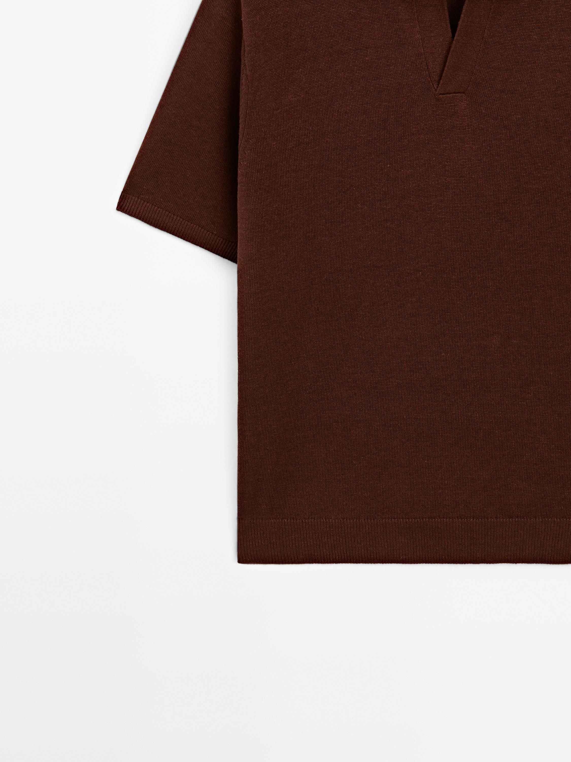 Cotton and linen blend knit V-neck polo shirt