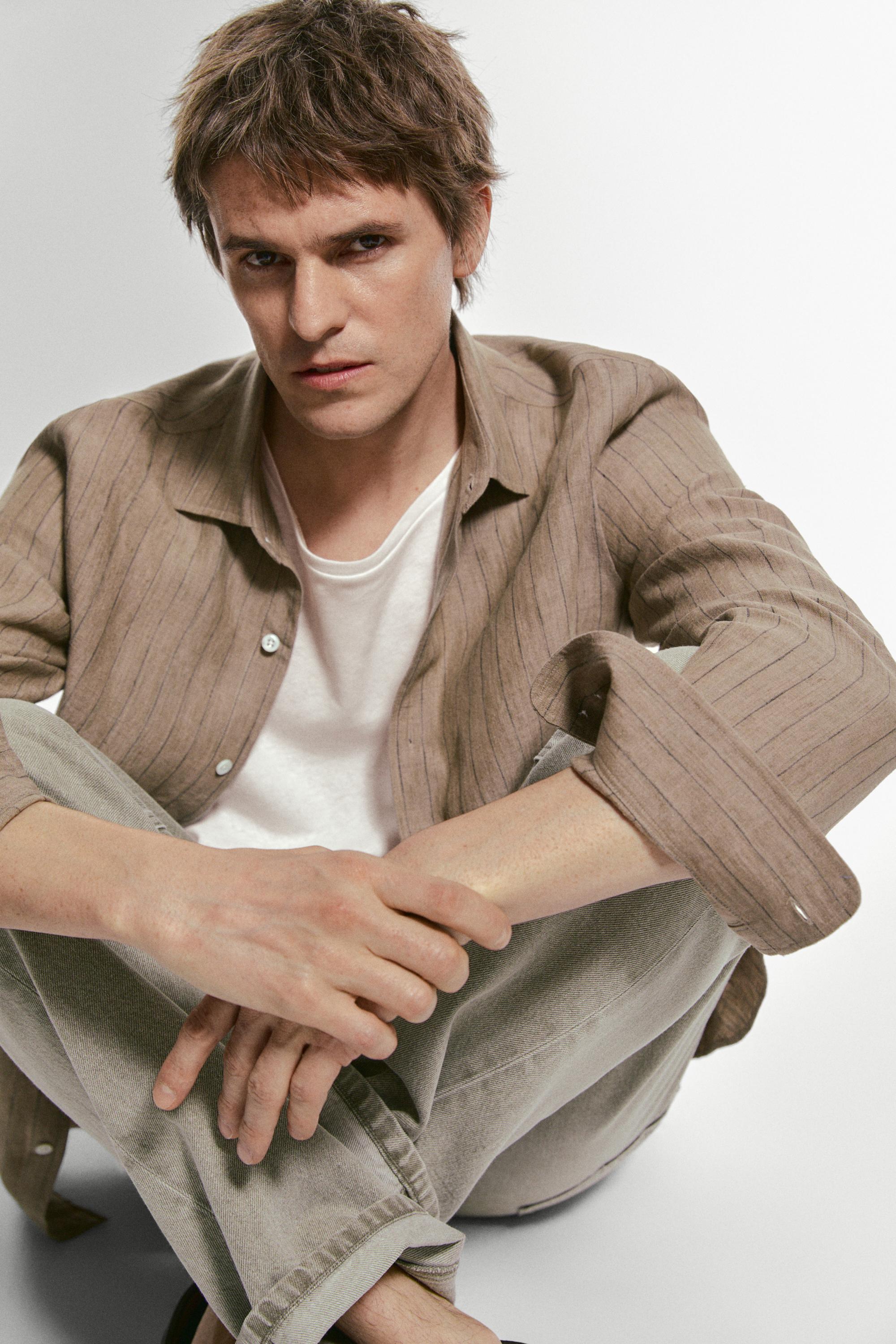 Regular fit 100% linen striped shirt — BEIGE