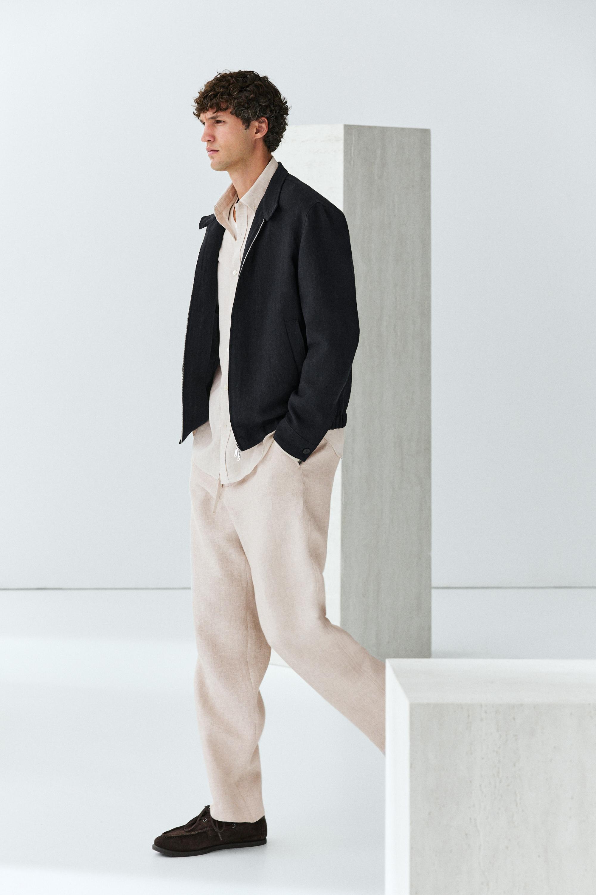 100% linen banded collar jacket — NAVY BLUE