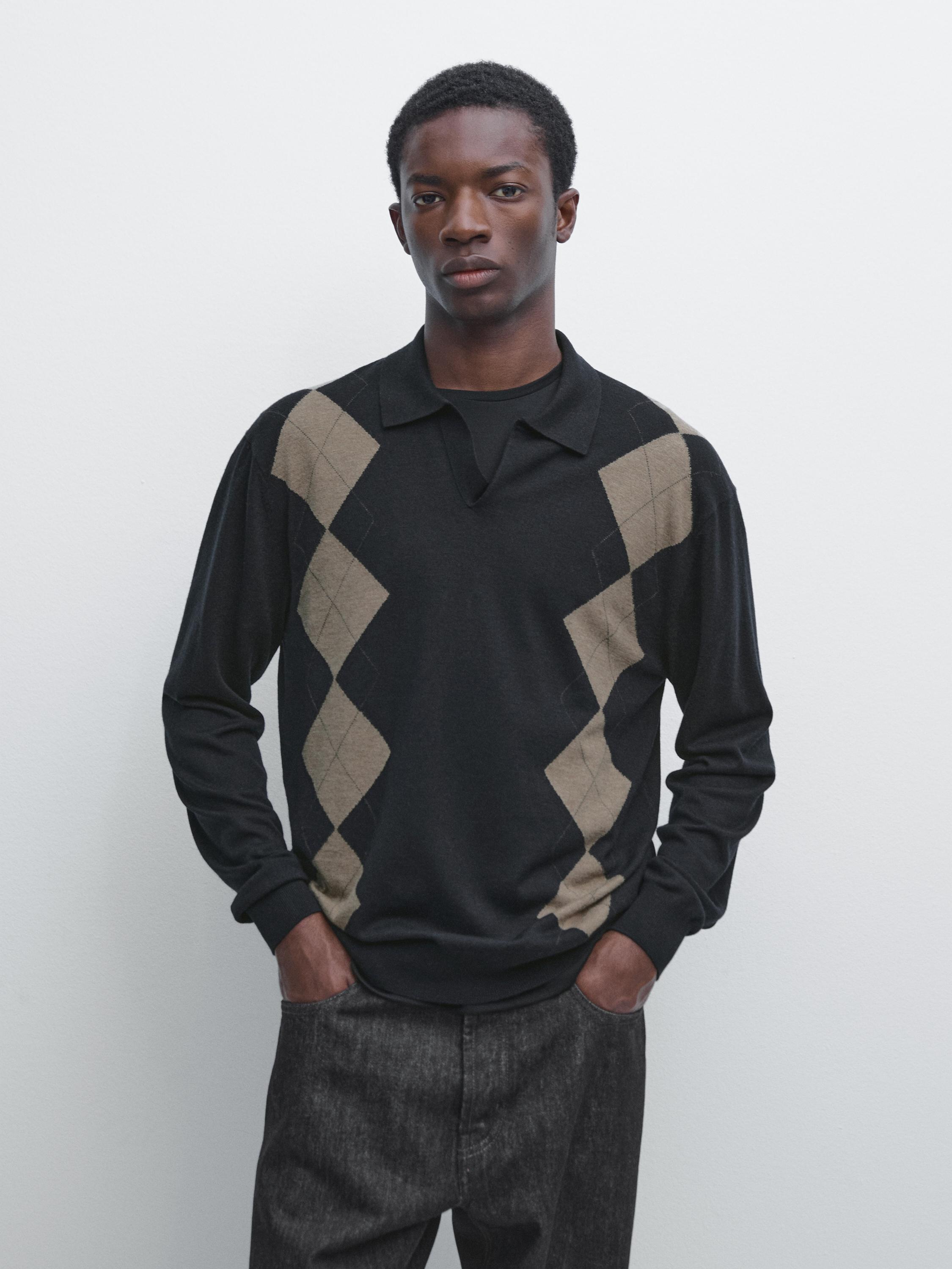 Wool blend argyle knit polo sweater — NAVY BLUE
