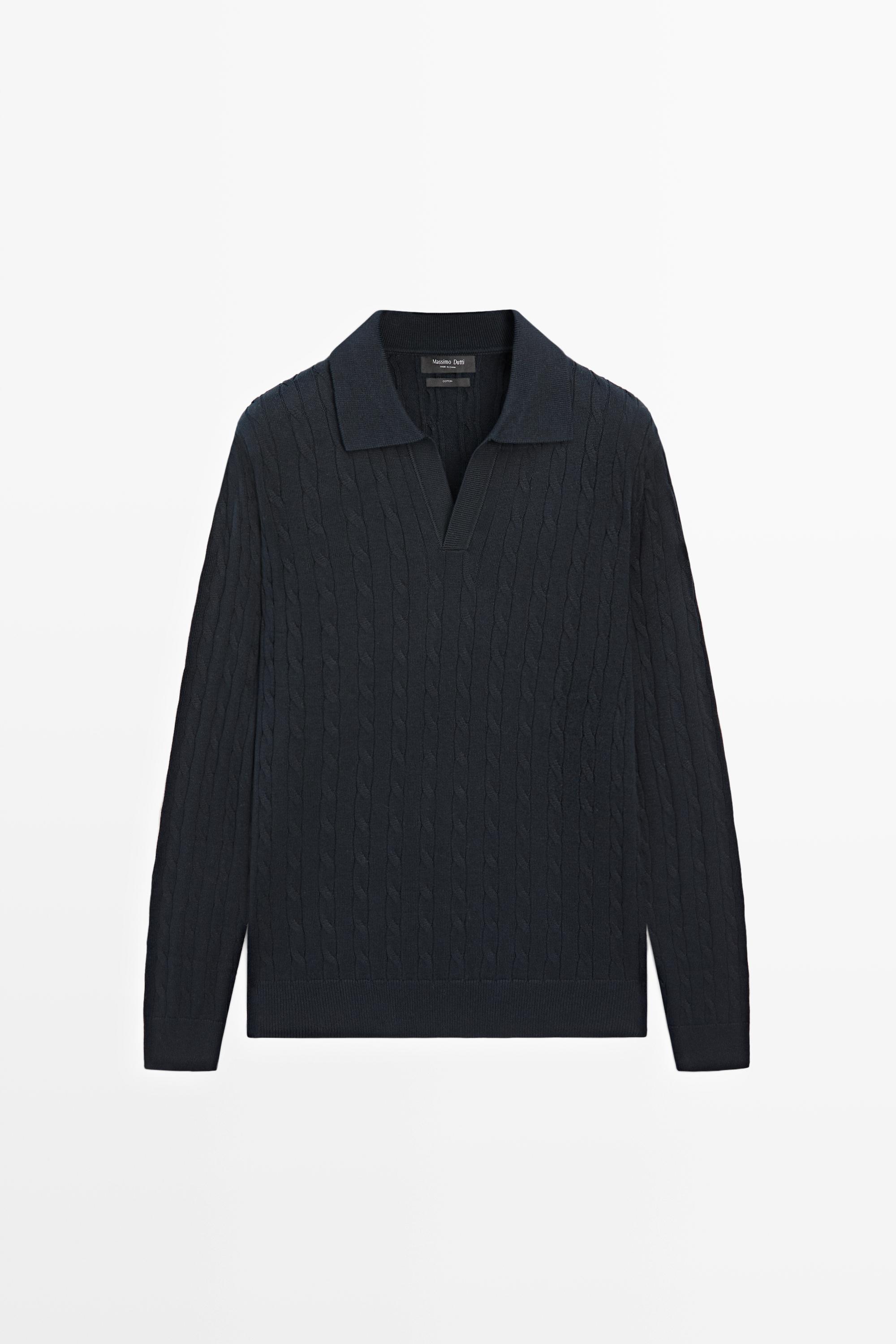 100% Cotton Cable-Knit Polo Sweater — NAVY BLUE