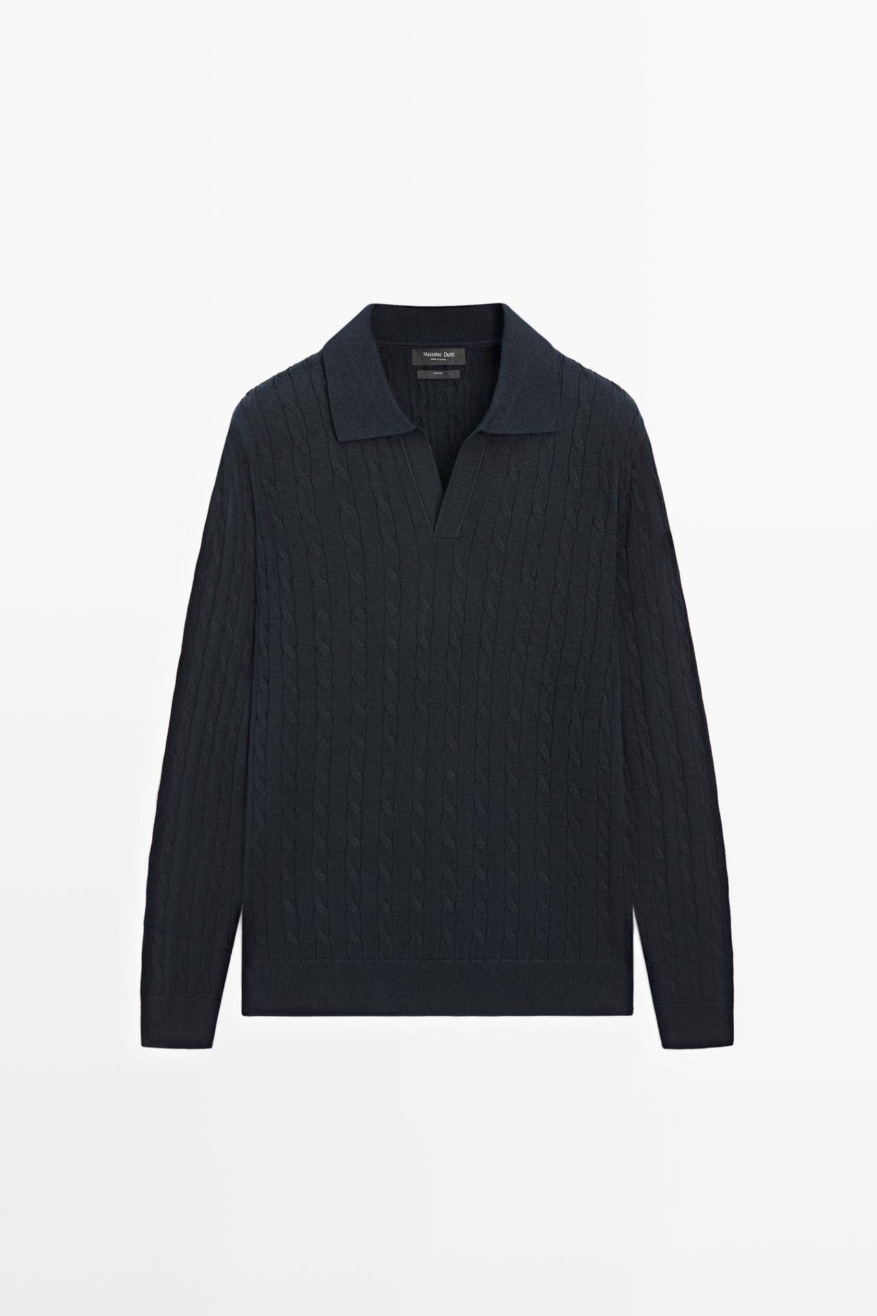 100% Cotton Cable-Knit Polo Sweater — NAVY BLUE