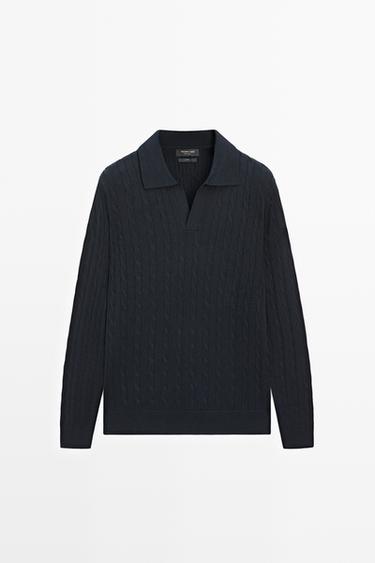 100% Cotton Cable-Knit Polo Sweater — NAVY BLUE 2
