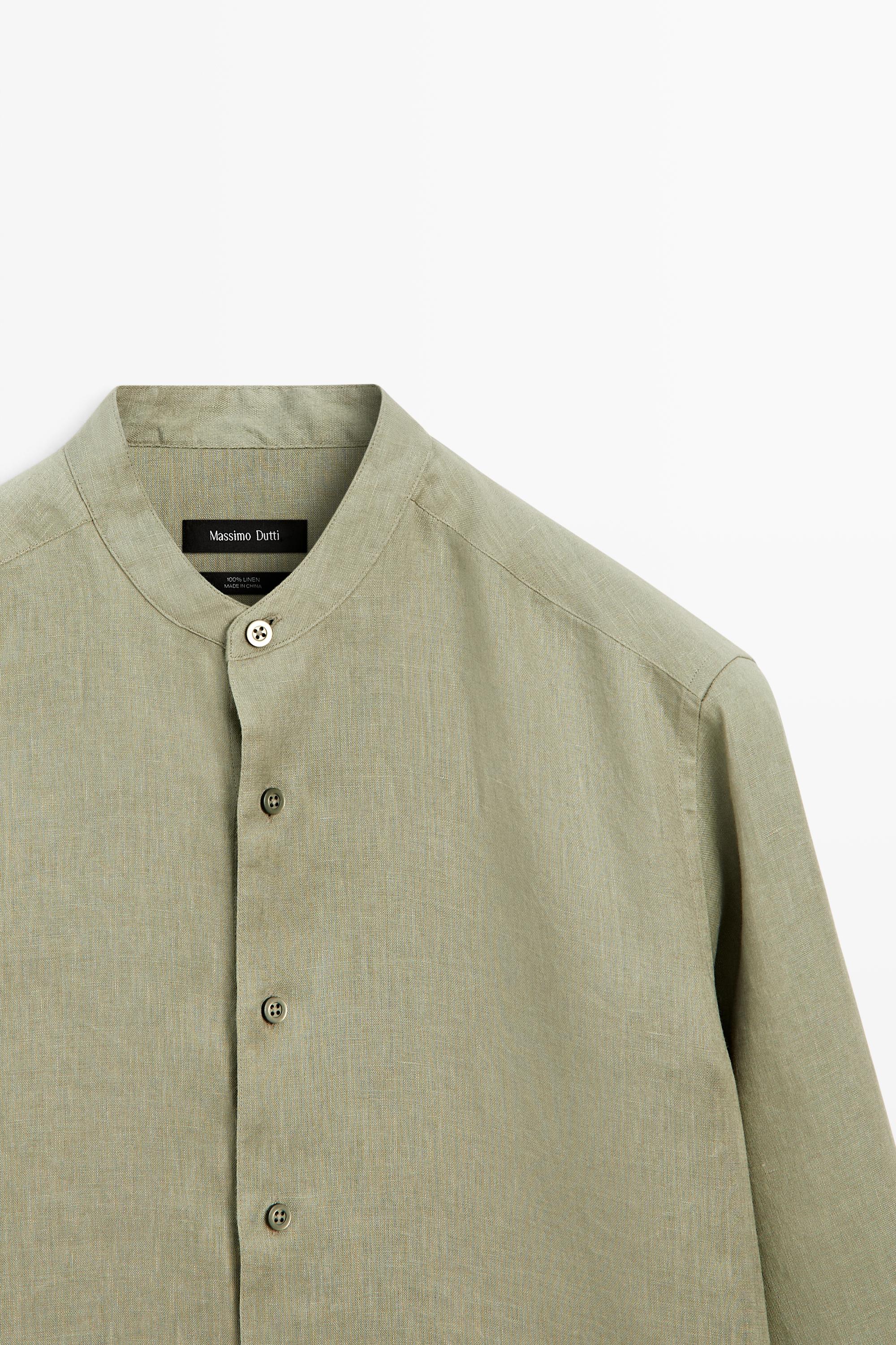 100% linen regular fit stand collar shirt — PALE GREEN