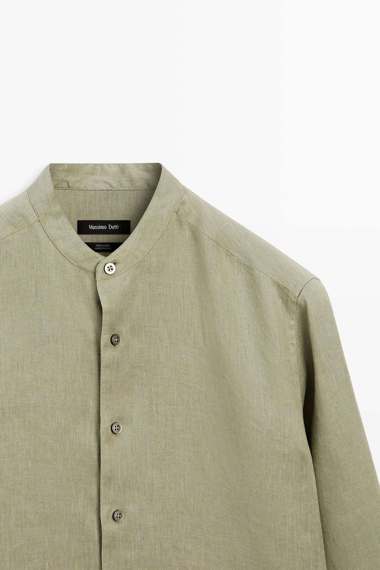 100% linen regular fit stand collar shirt — PALE GREEN