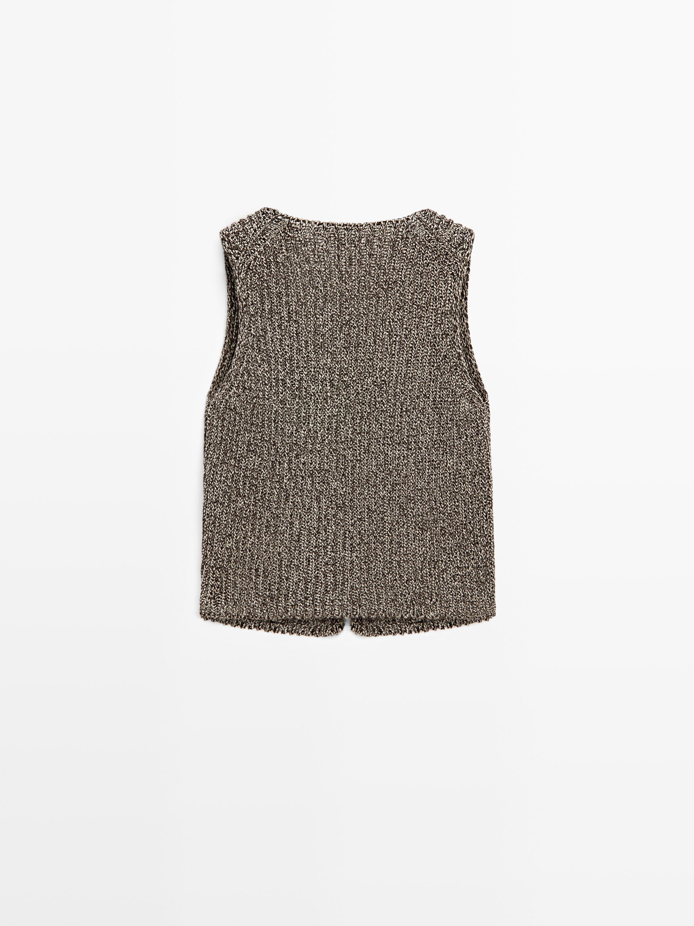 Cotton blend V-neck knit vest — BROWN MARL