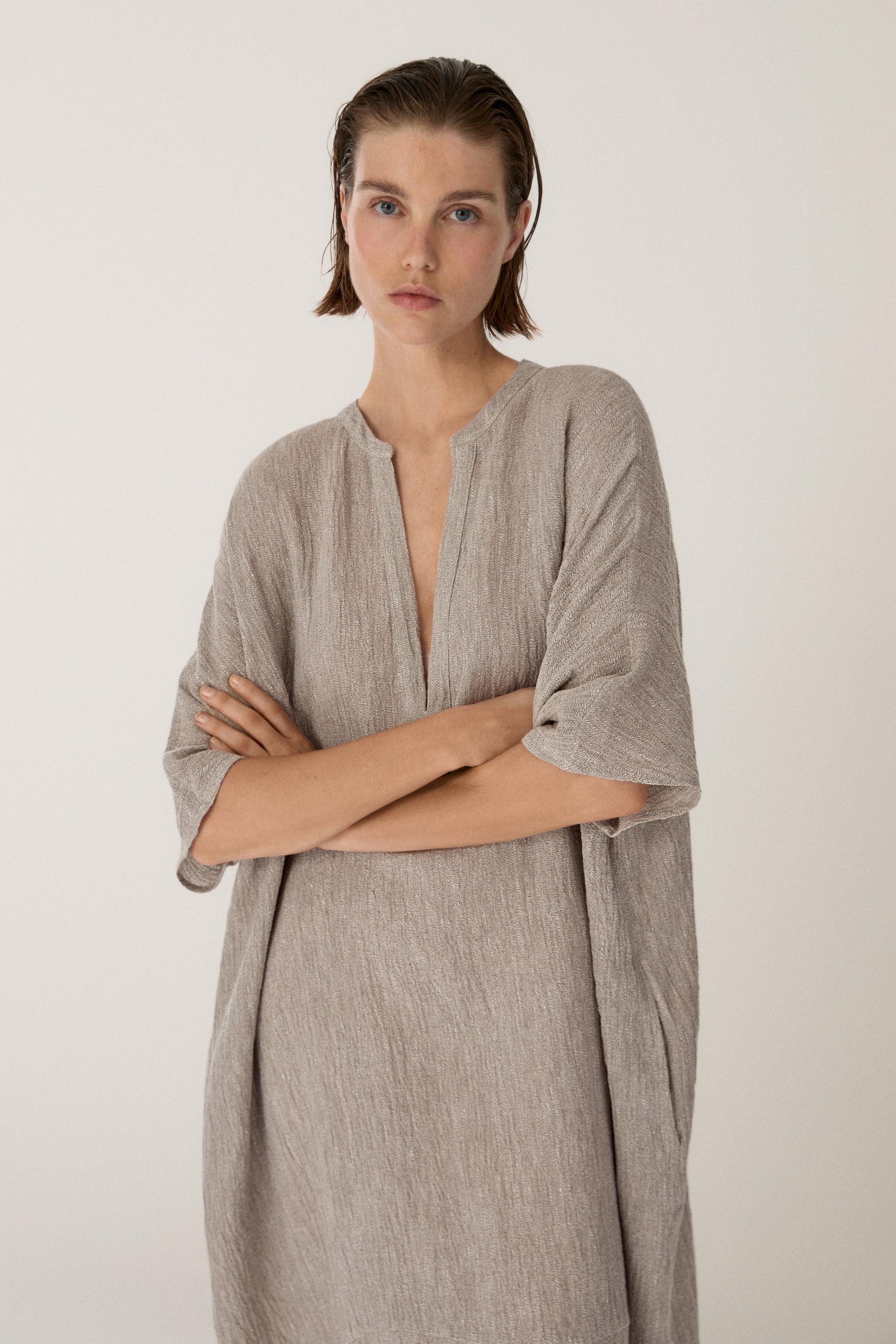 Waffle-knit linen blend kaftan dress