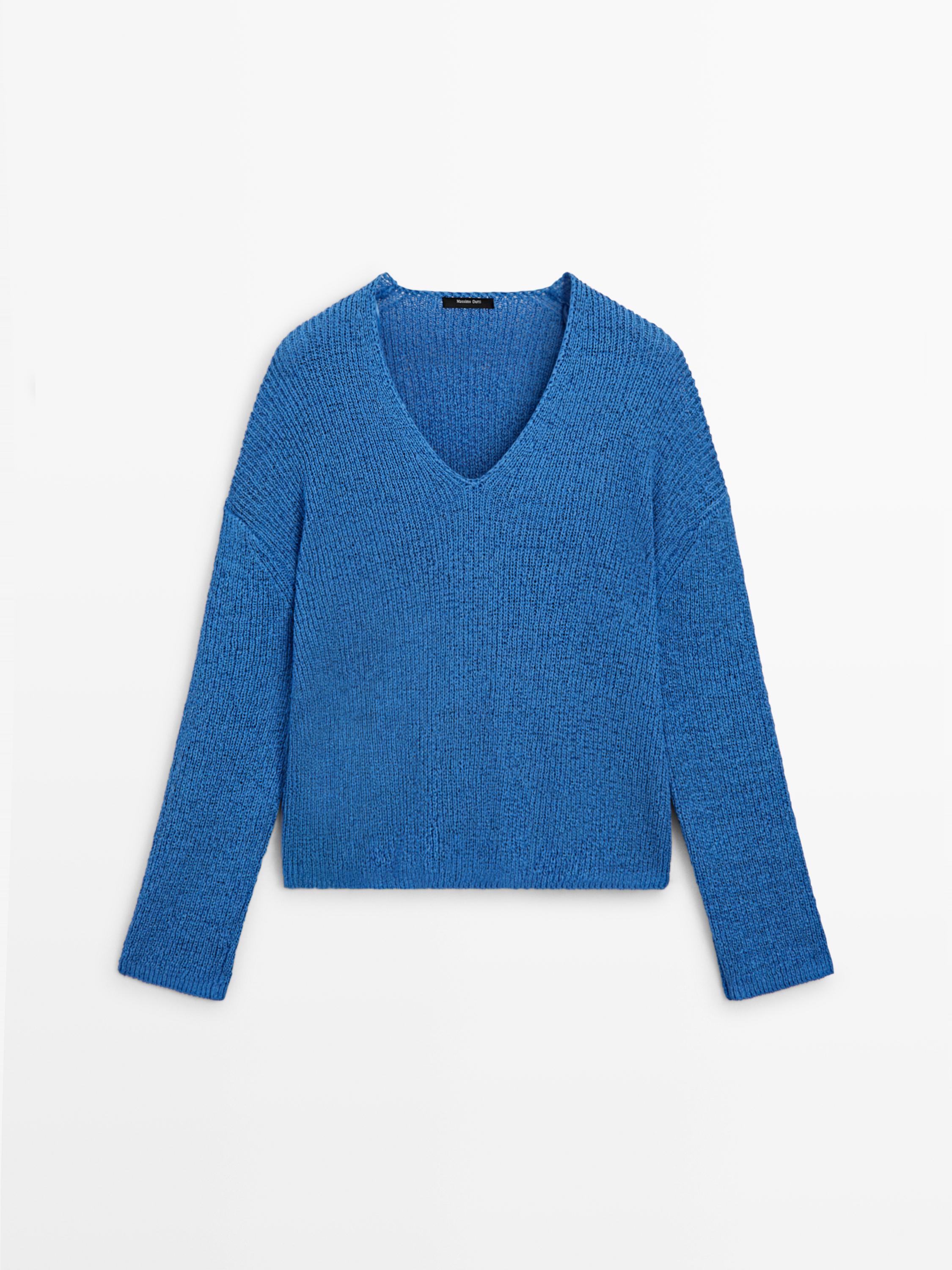Cotton blend V-neck knit sweater — BLUISH