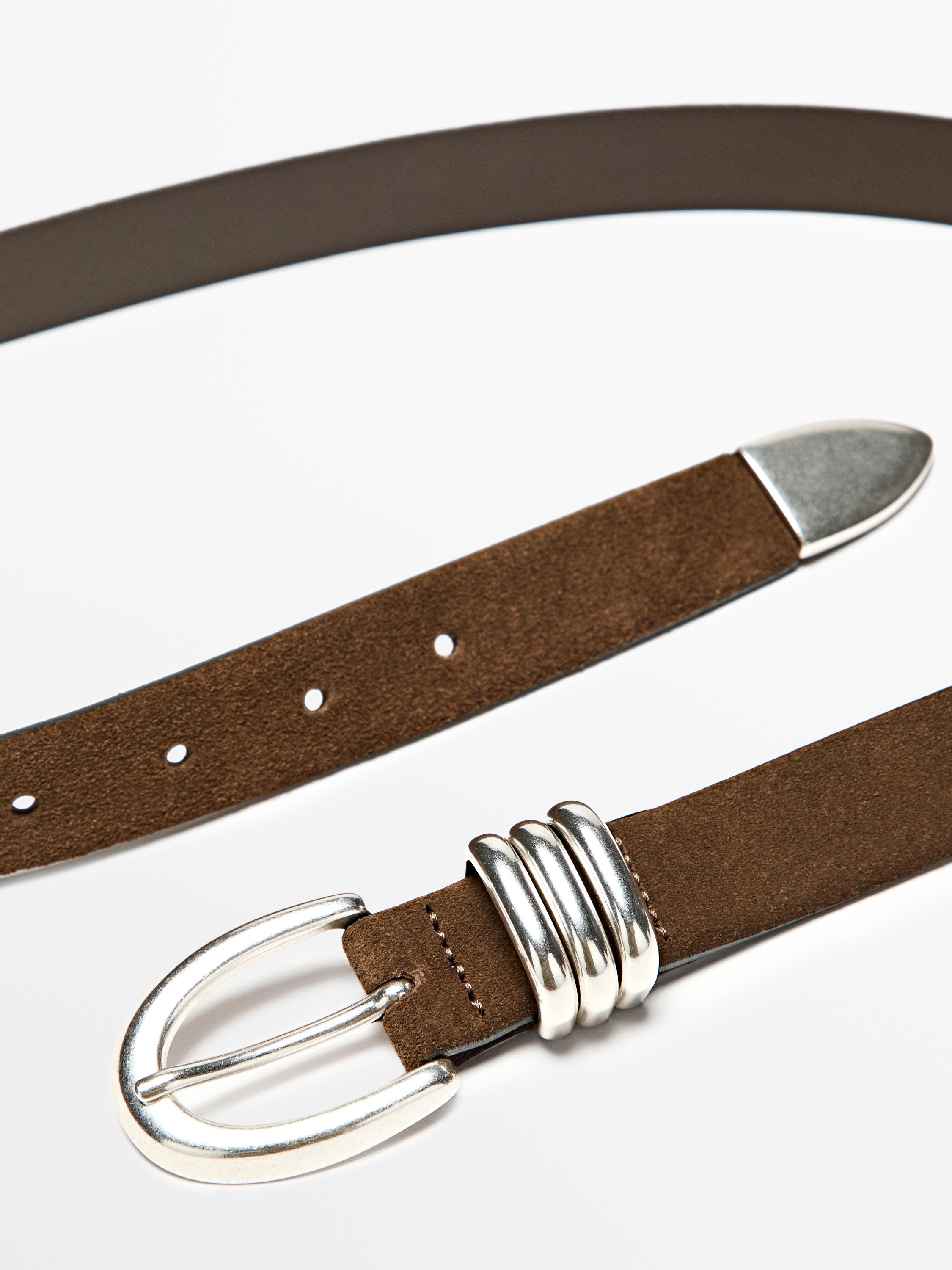 Split suede leather belt with metal detail — MOLE BROWN
