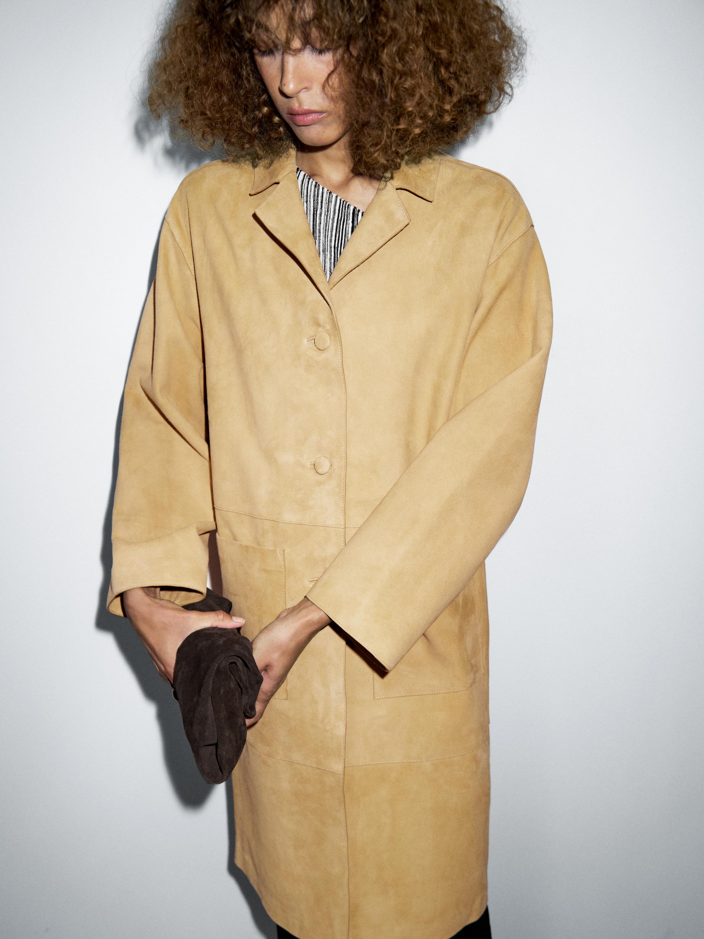 Manteau long en cuir finition daim