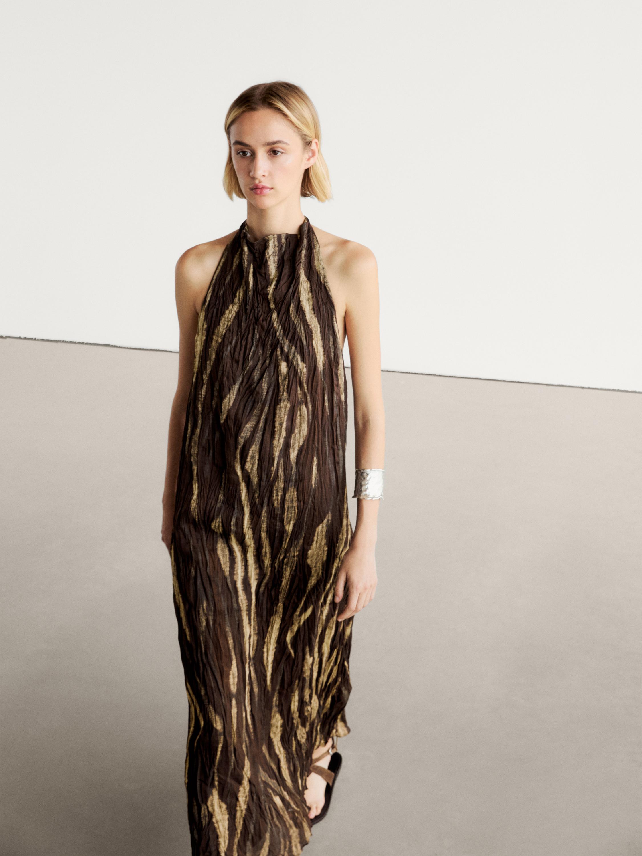 Long creased print halter neck dress