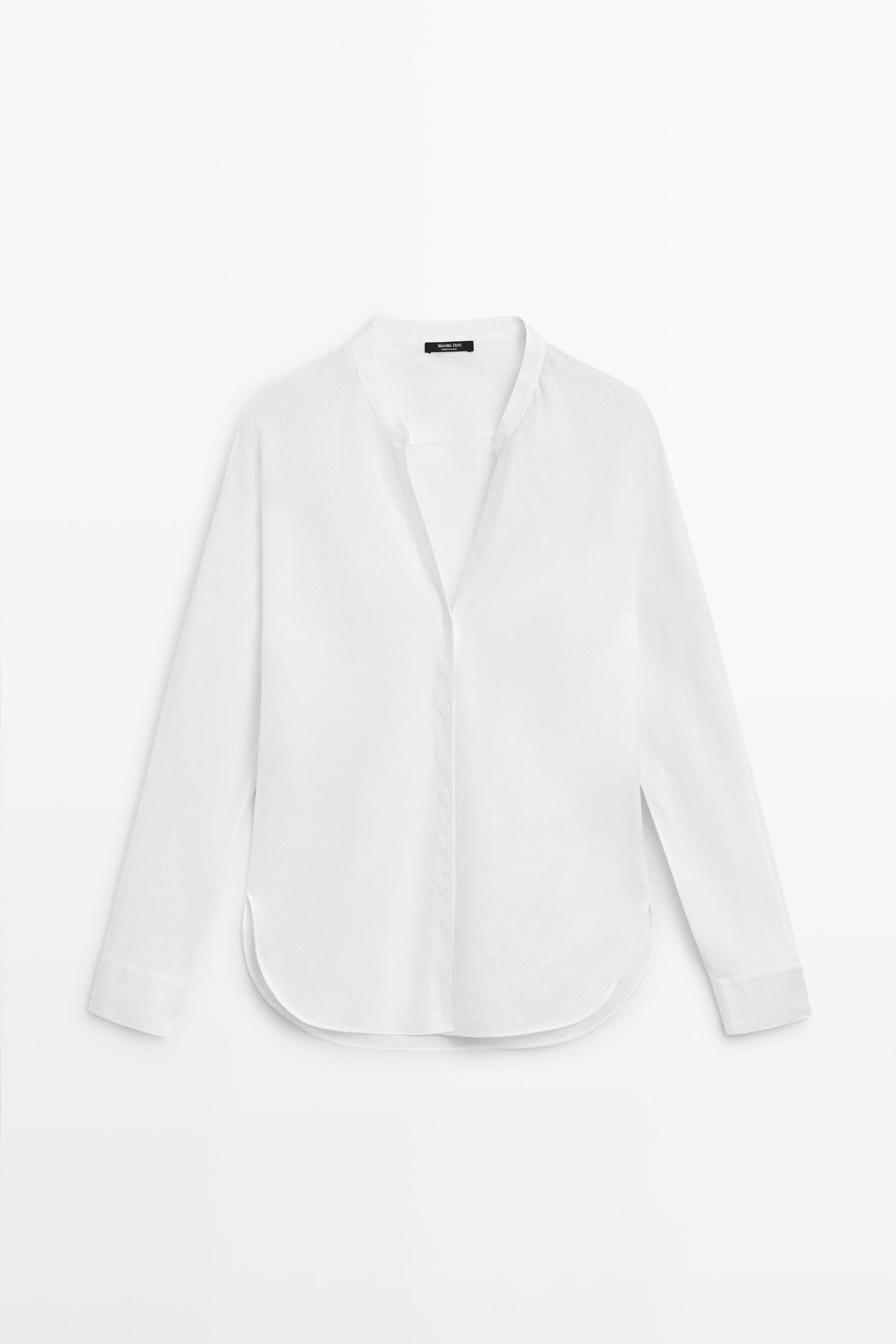 100% linen stand collar shirt — WHITE