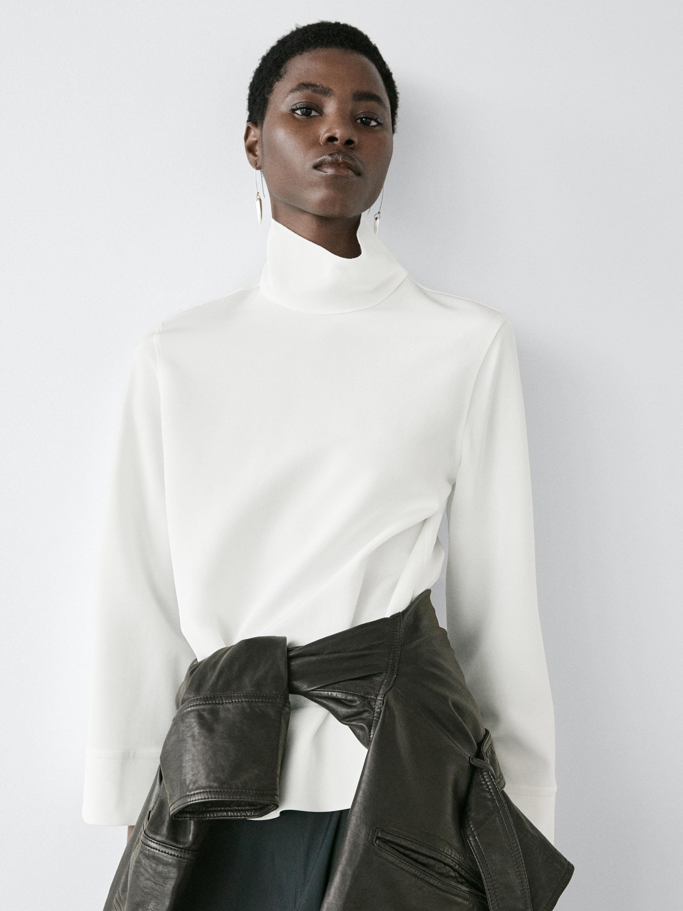 High neck blouse with hem detail — WHITE