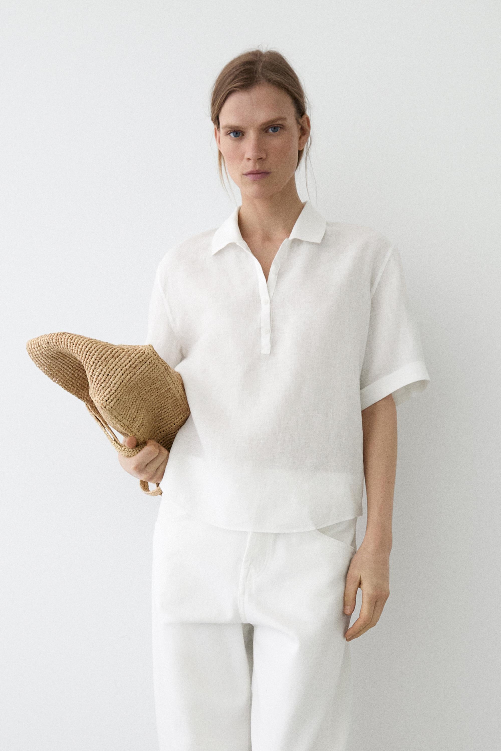 Short sleeve linen polo shirt — WHITE
