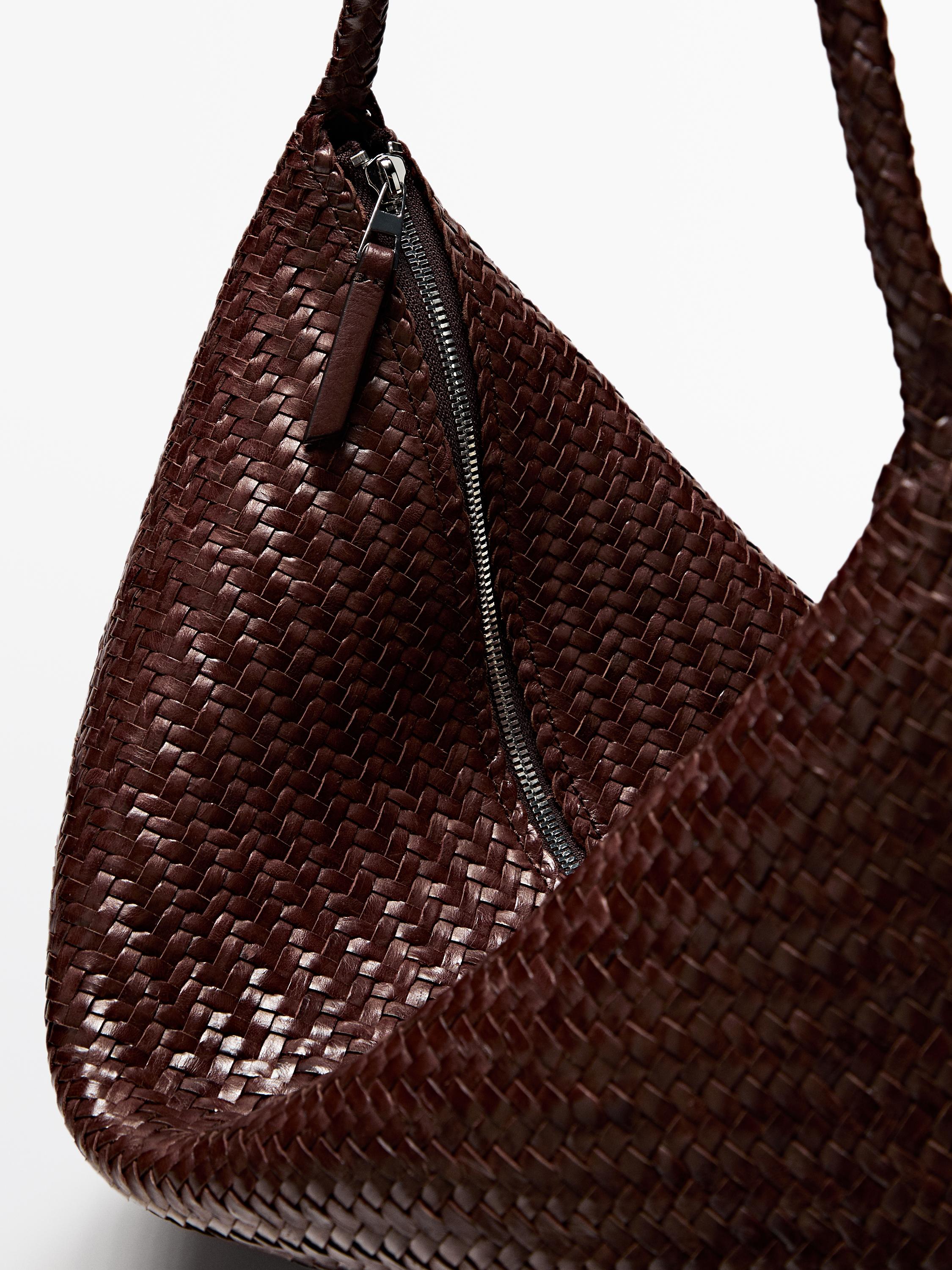 Large woven nappa leather satchel bag · Burgundy, Leather, Black 