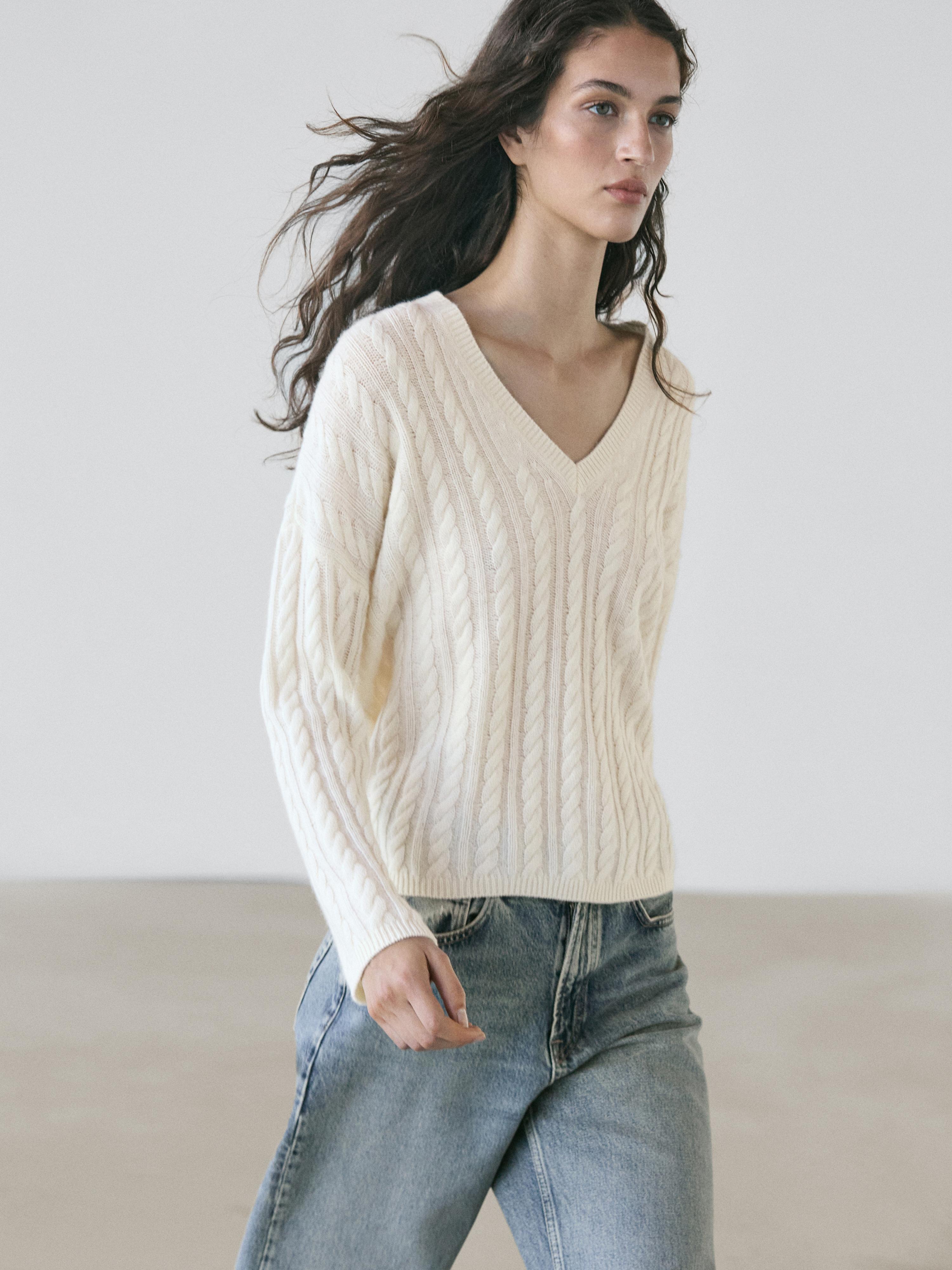 Cable-knit V-neck sweater