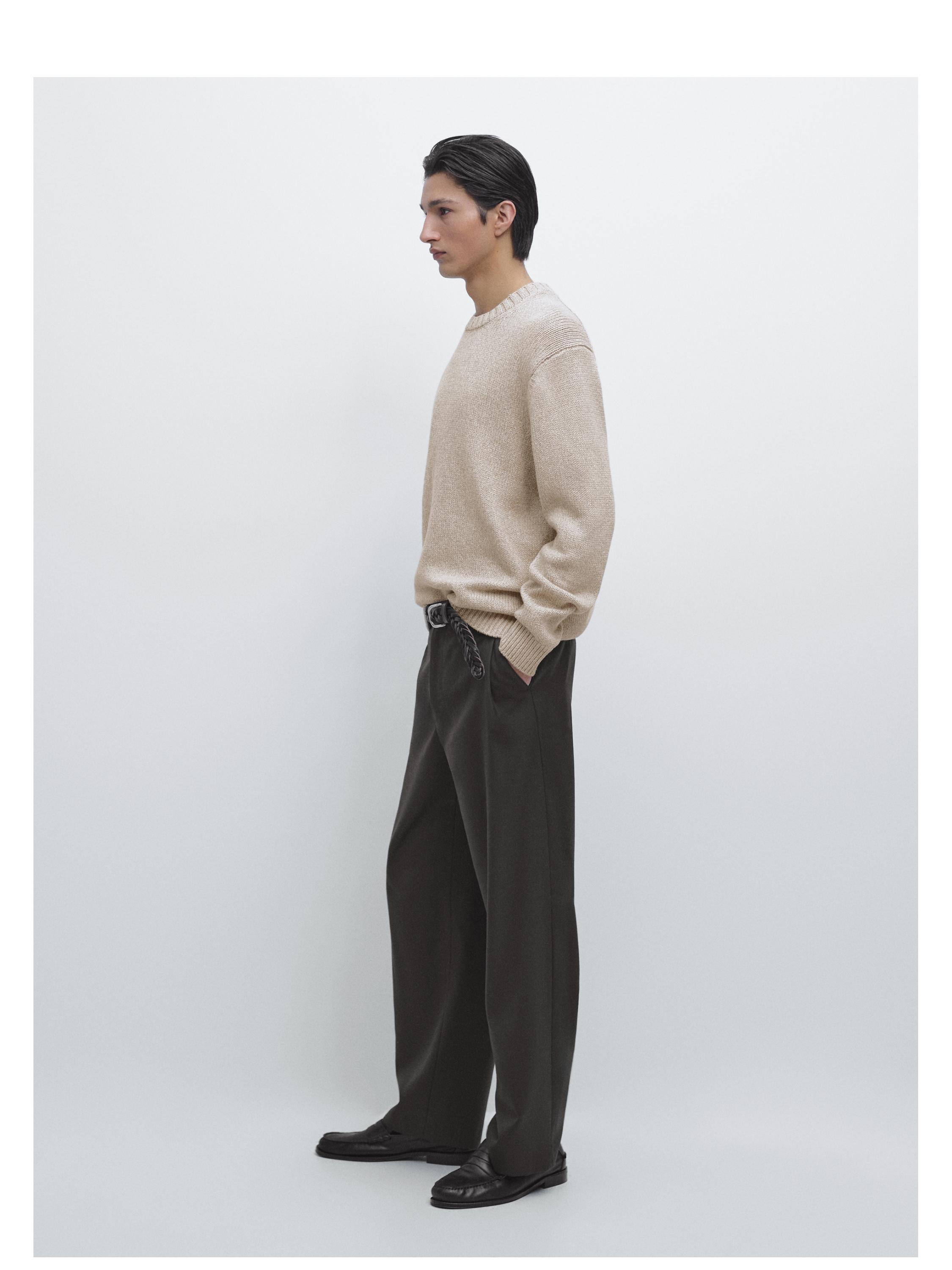 Cotton blend knit crew neck sweater — BEIGE