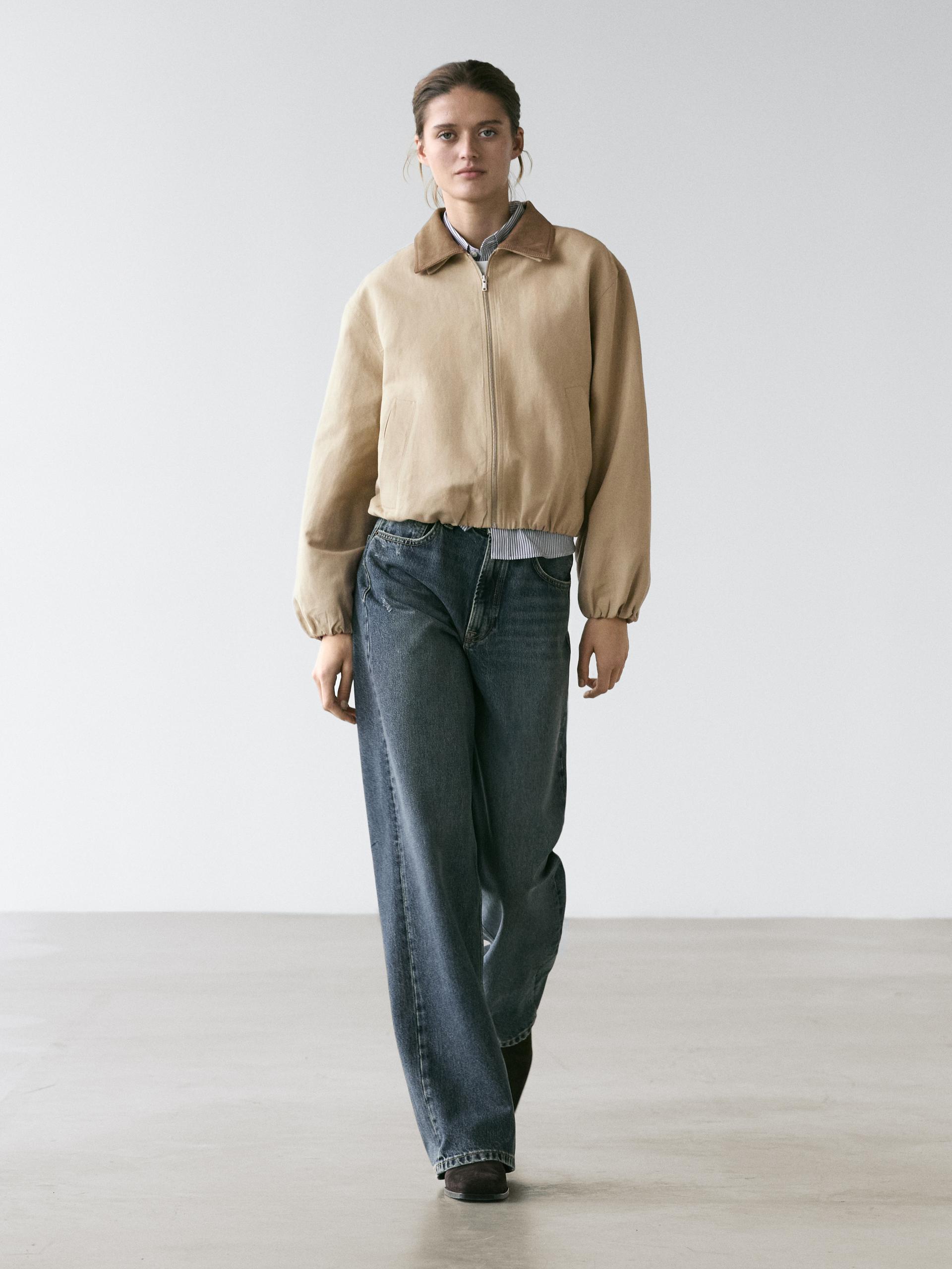 Giacca Corta Con Colletto In Pelle Scamosciata - Ecru - L - Massimo Dutti - Femminile
