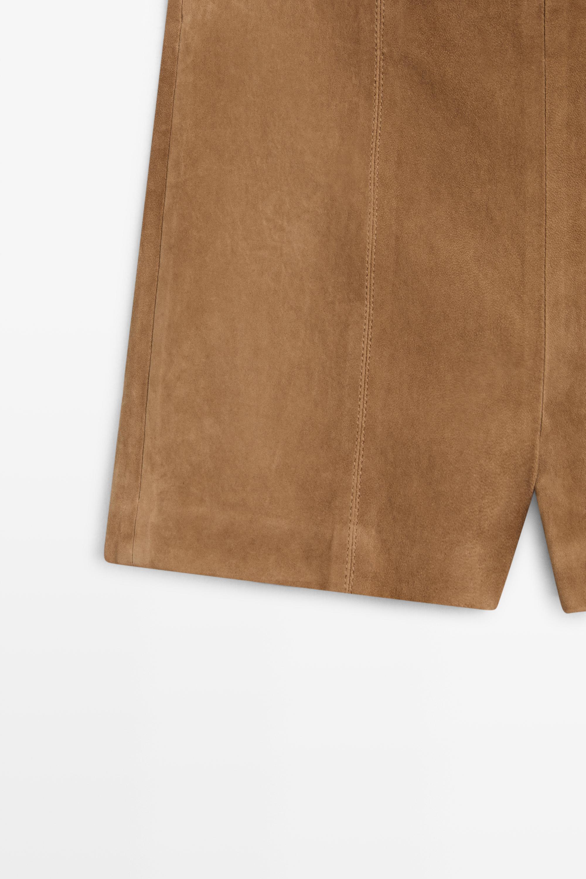 Suede leather shorts with seam details — CAMEL