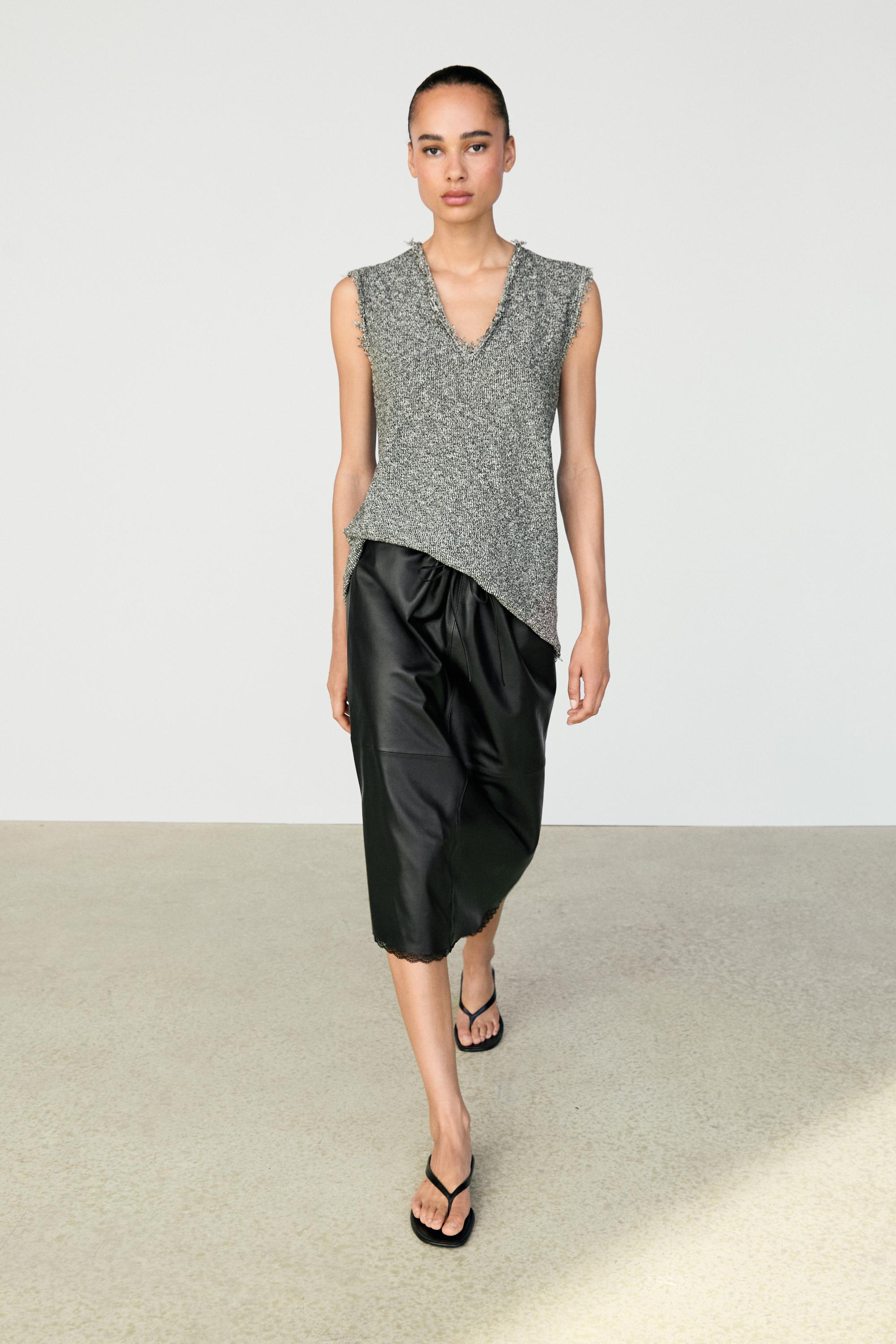 Nappa leather midi skirt with lace detail — BLACK