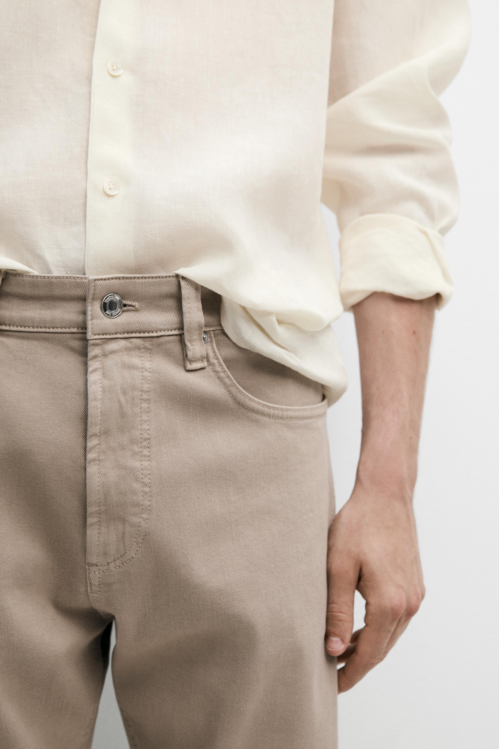Lightweight tapered fit denim-effect trousers — MINK
