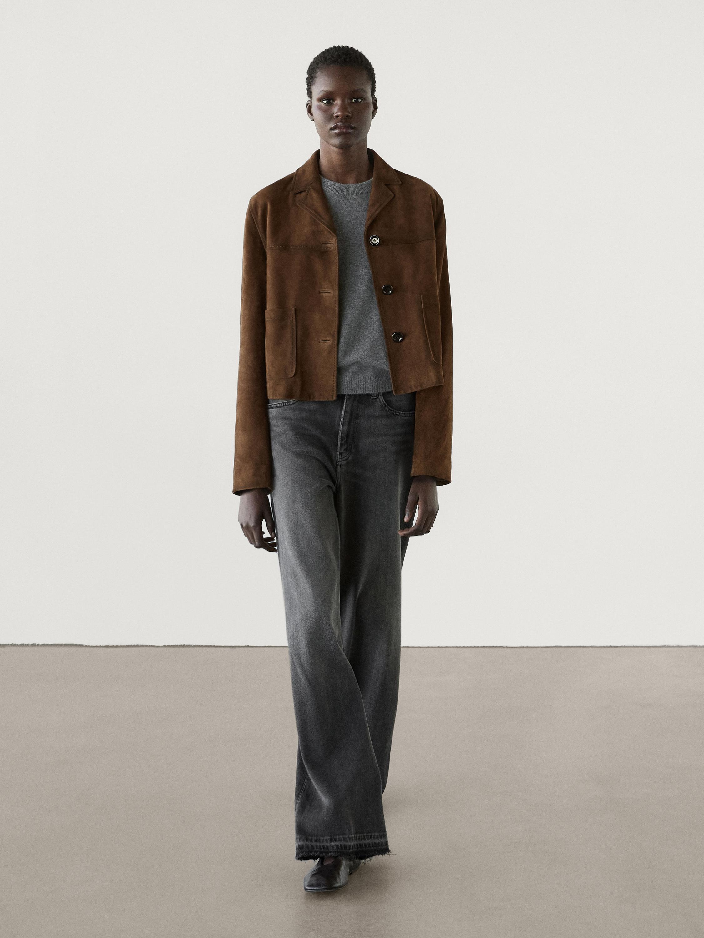 Short suede leather jacket with pocket details Brown Skirts Massimo Dutti