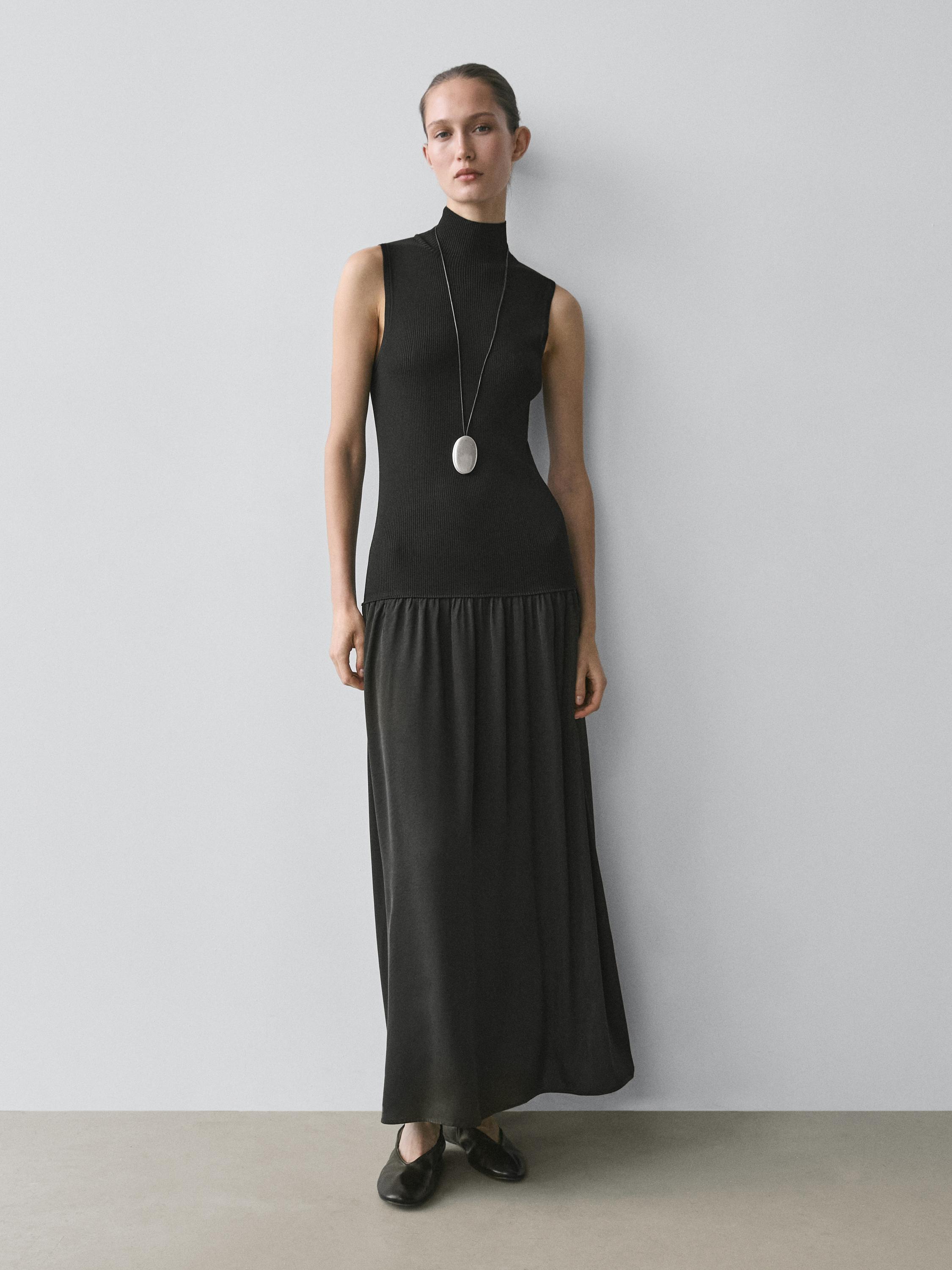 Knit midi dress with contrast detail — BLACK