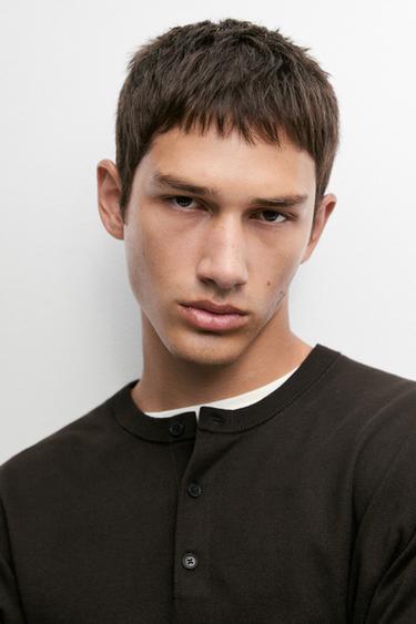 100% Cotton Henley Neck Knit Sweater — BROWN MARL 8