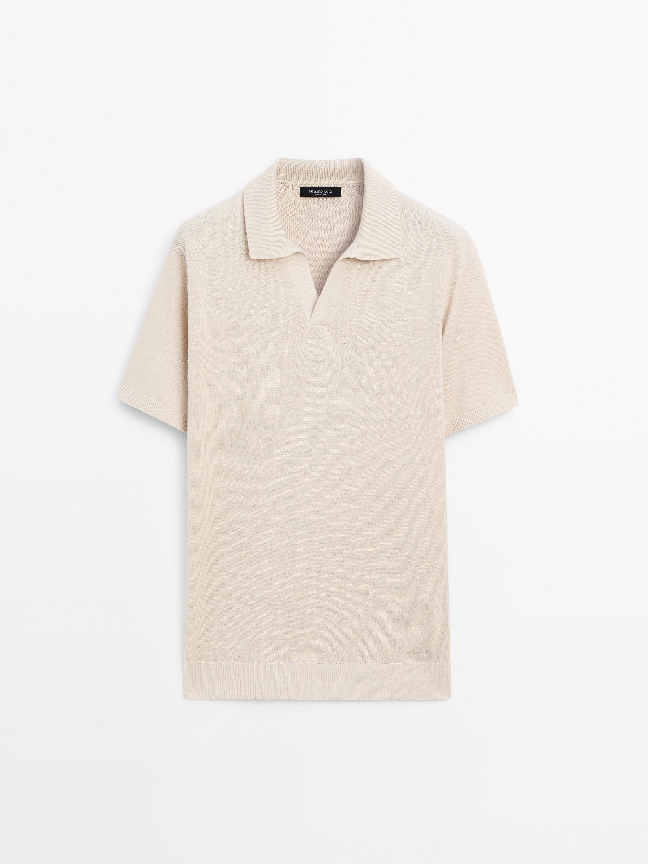 Cotton and linen blend knit V-neck polo shirt
