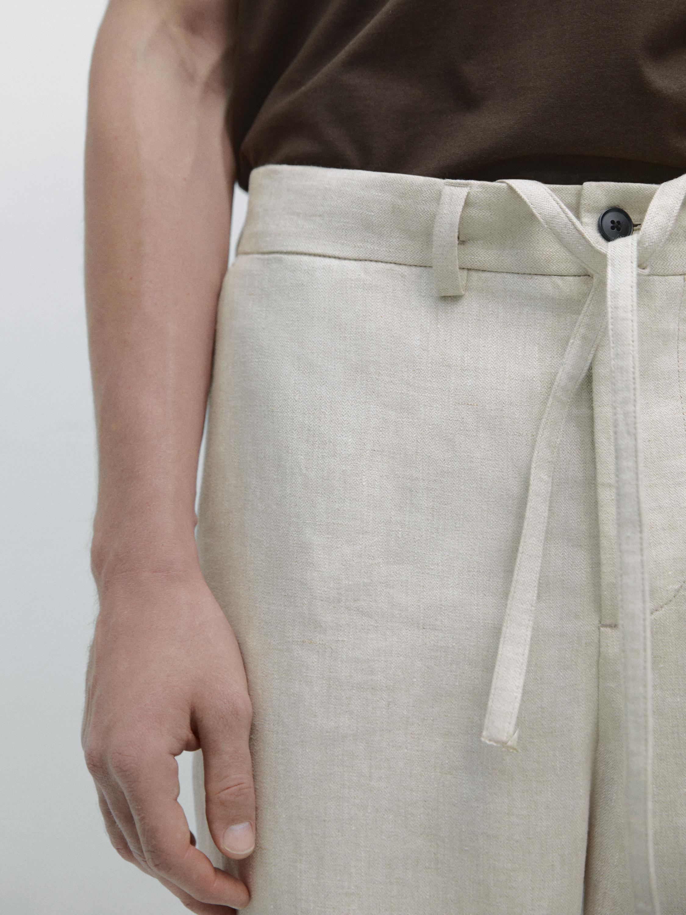 Lightweight linen trousers with herringbone detail — BEIGE