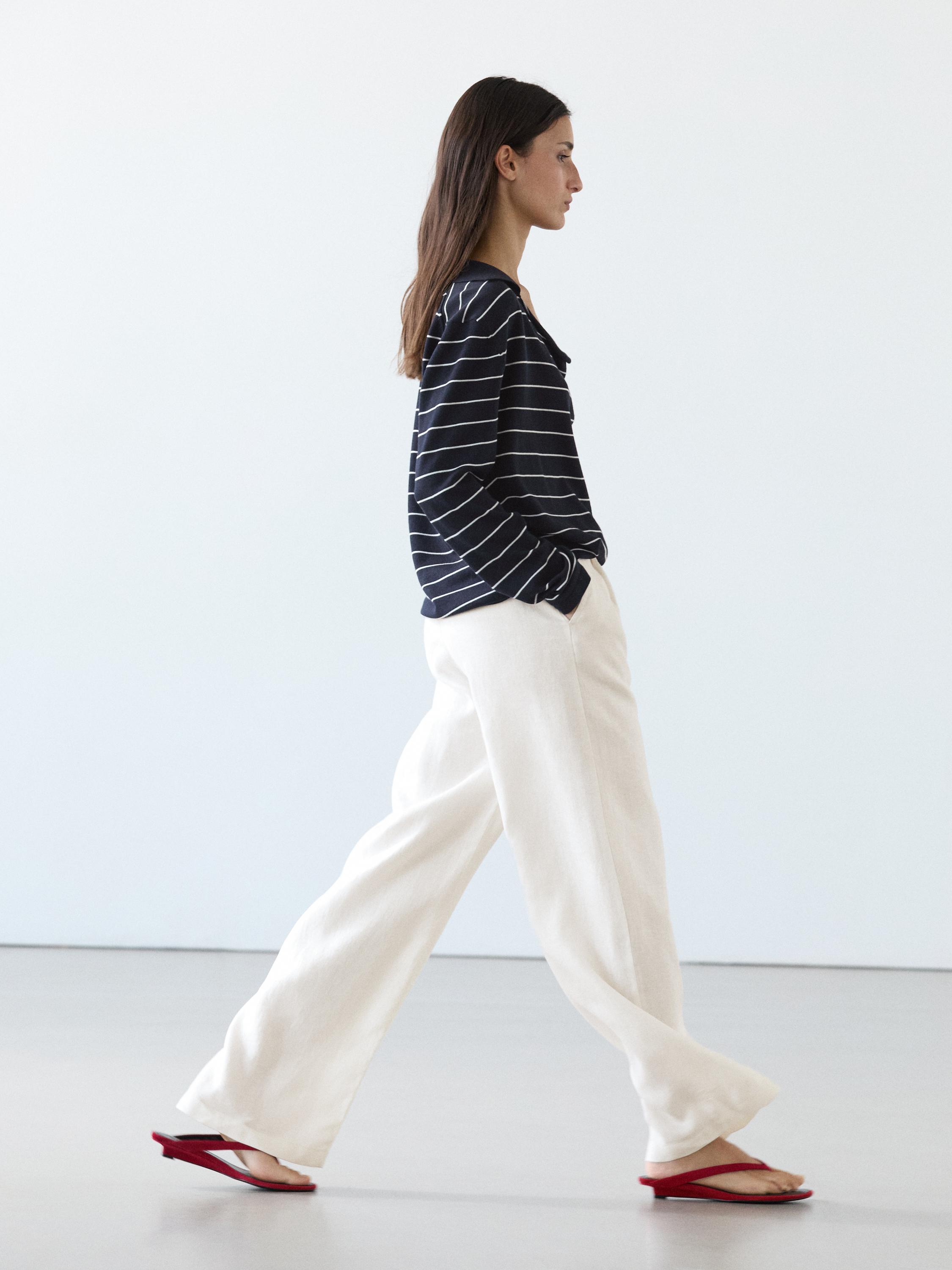100% linen wide-leg elasticated trousers — Off white