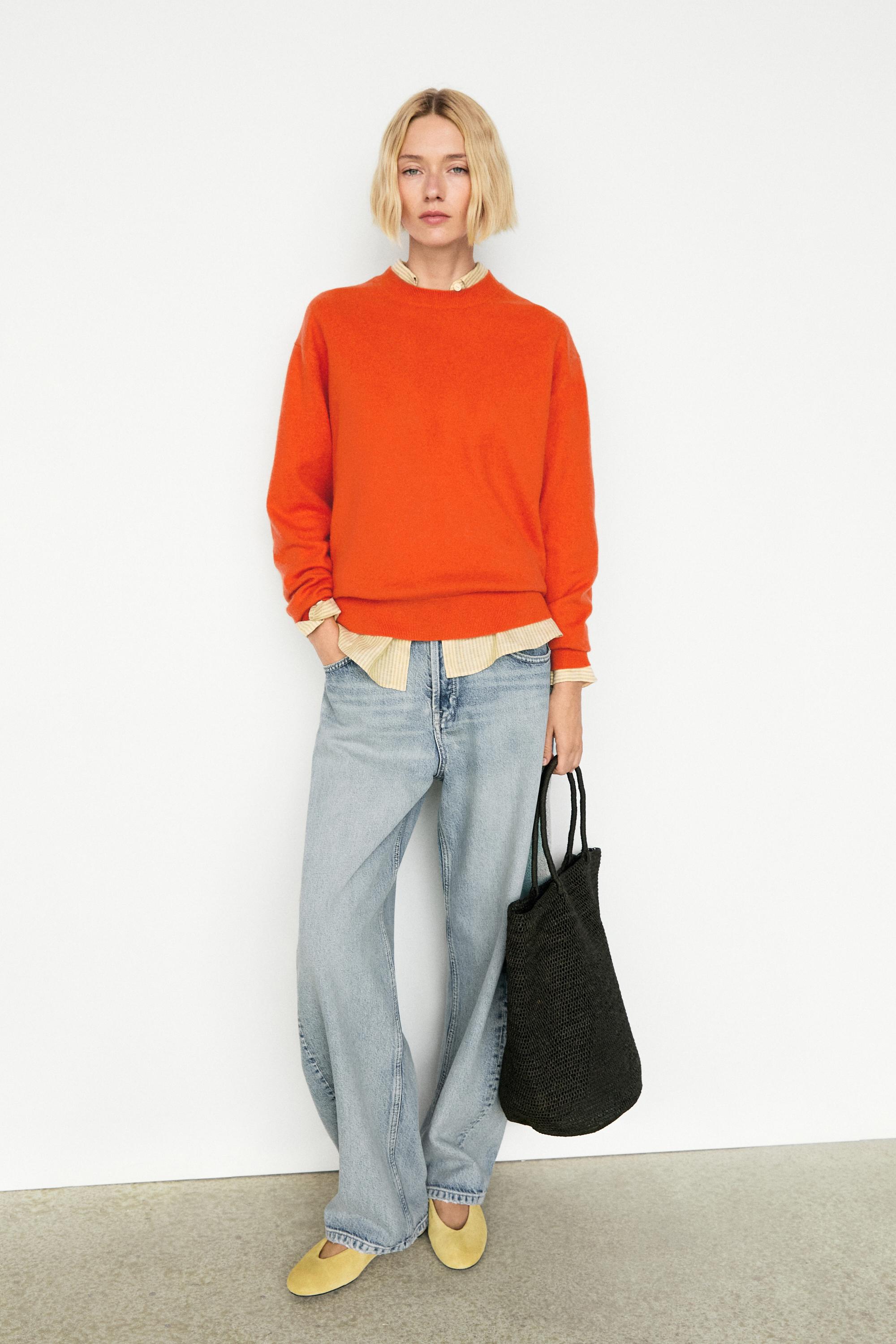 100% cashmere long sleeve sweater · Orange, Light Blue, Navy Blue