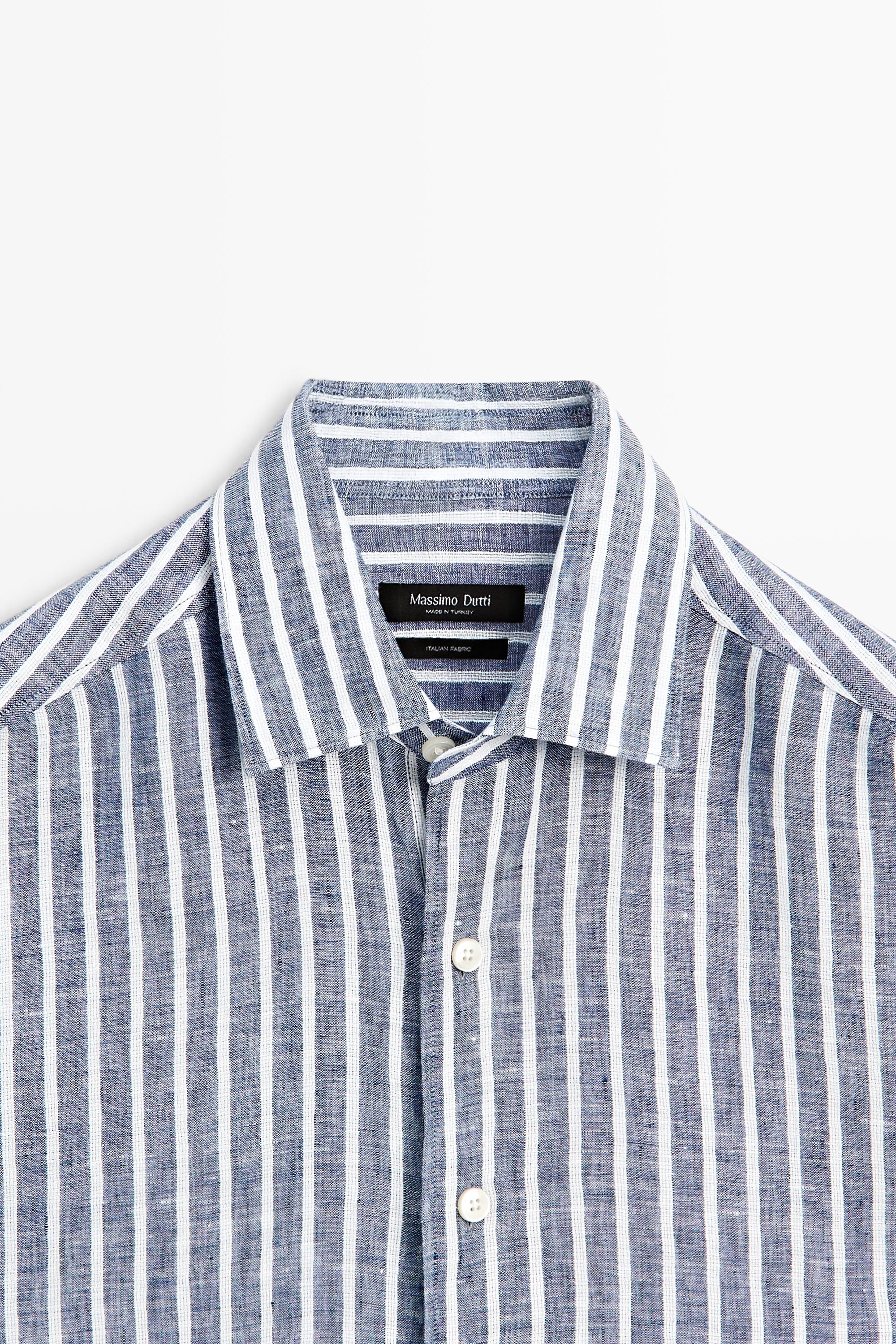Regular fit striped 100% linen shirt — BLUE