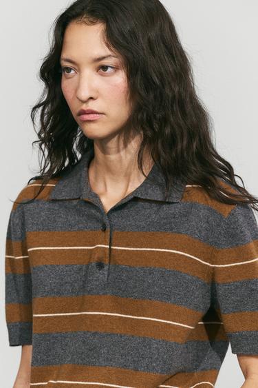 100% wool striped knit polo — MEDIUM GREY 8