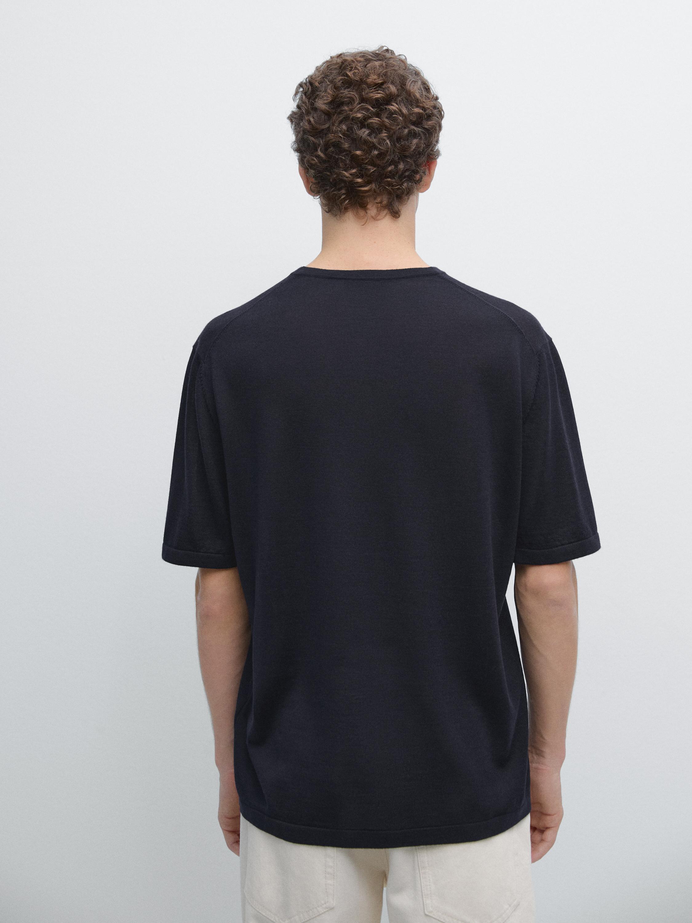 Wool-blend short-sleeve knit sweater — NAVY BLUE