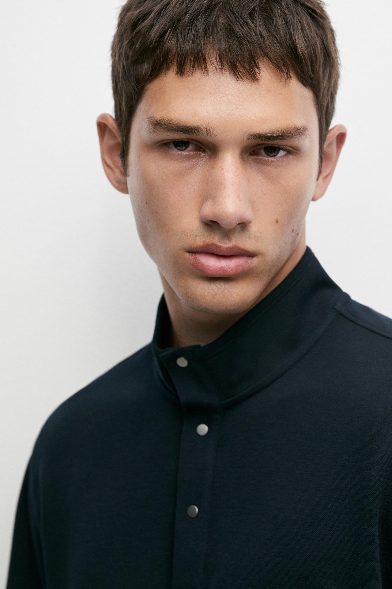 Cotton blend mock neck knit sweater — NAVY BLUE