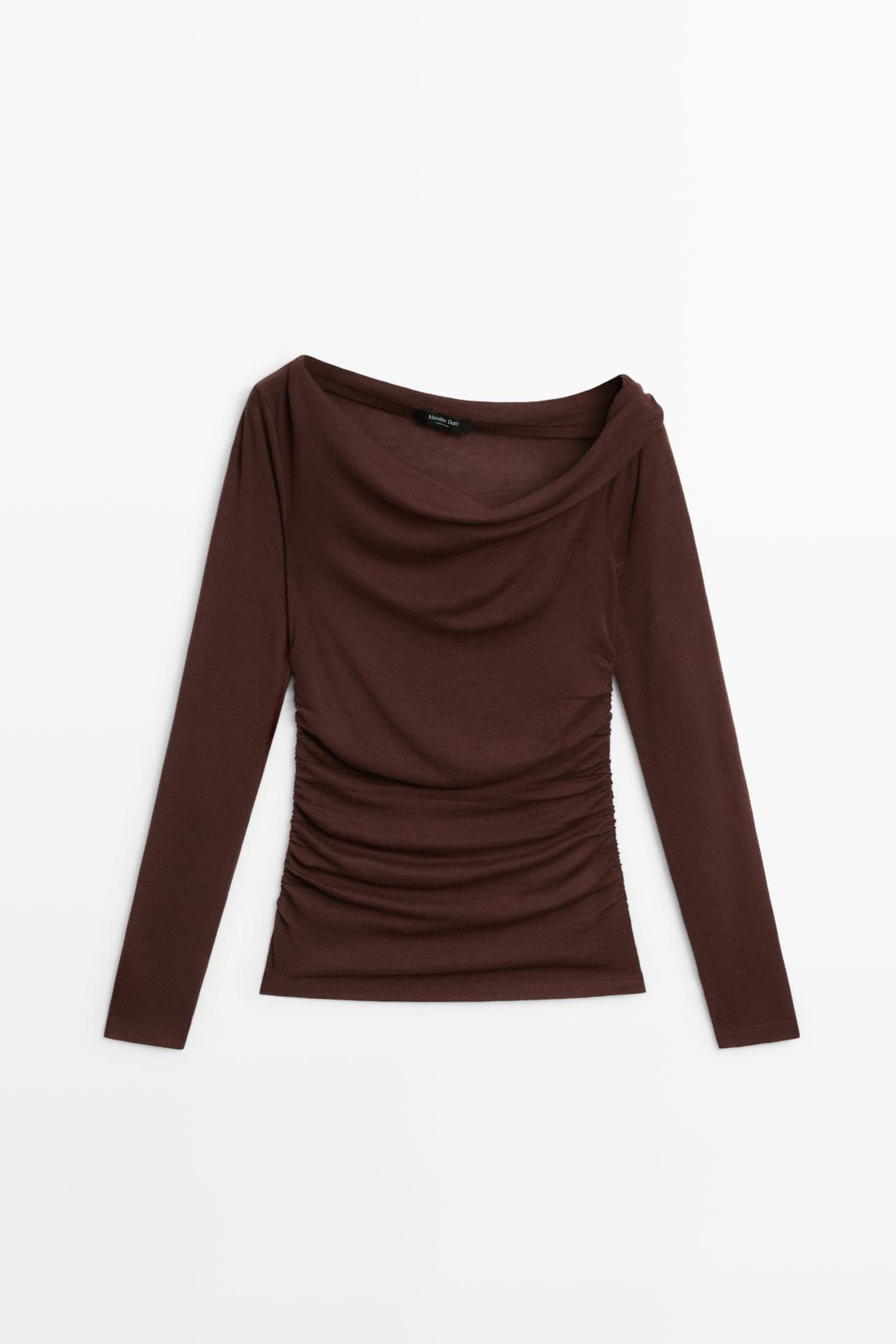 Asymmetric long sleeve flowing top — BURGUNDY
