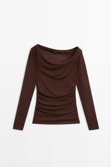 Asymmetric long sleeve flowing top — BURGUNDY 2