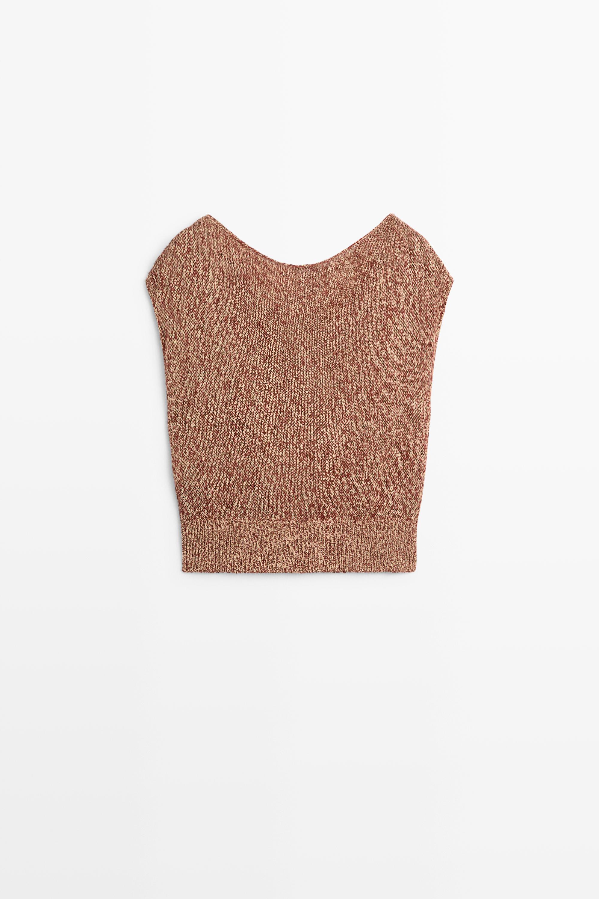 Cotton blend knit top with ribbed hem — RUSSET