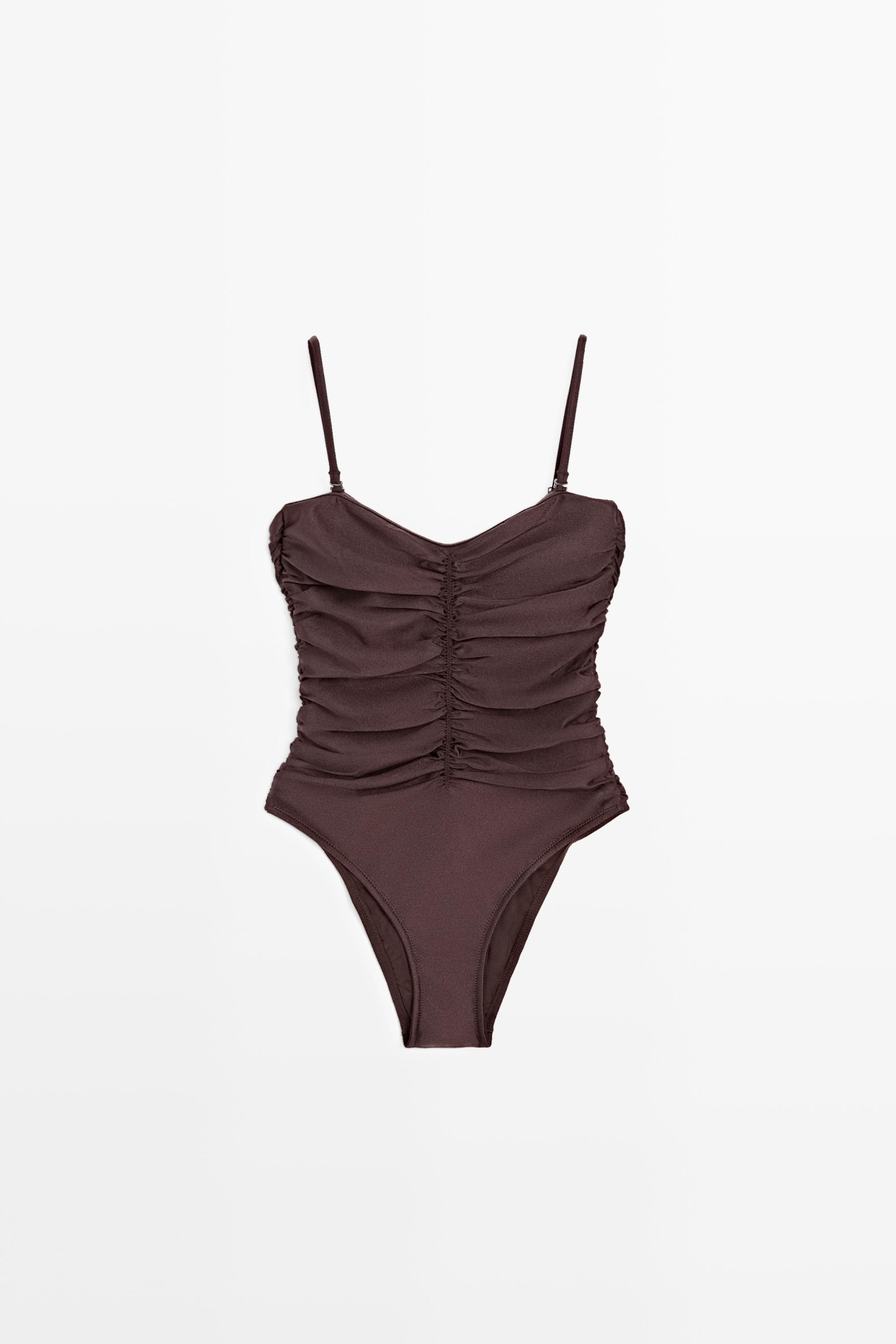 Shimmery gathered swimsuit — BROWN