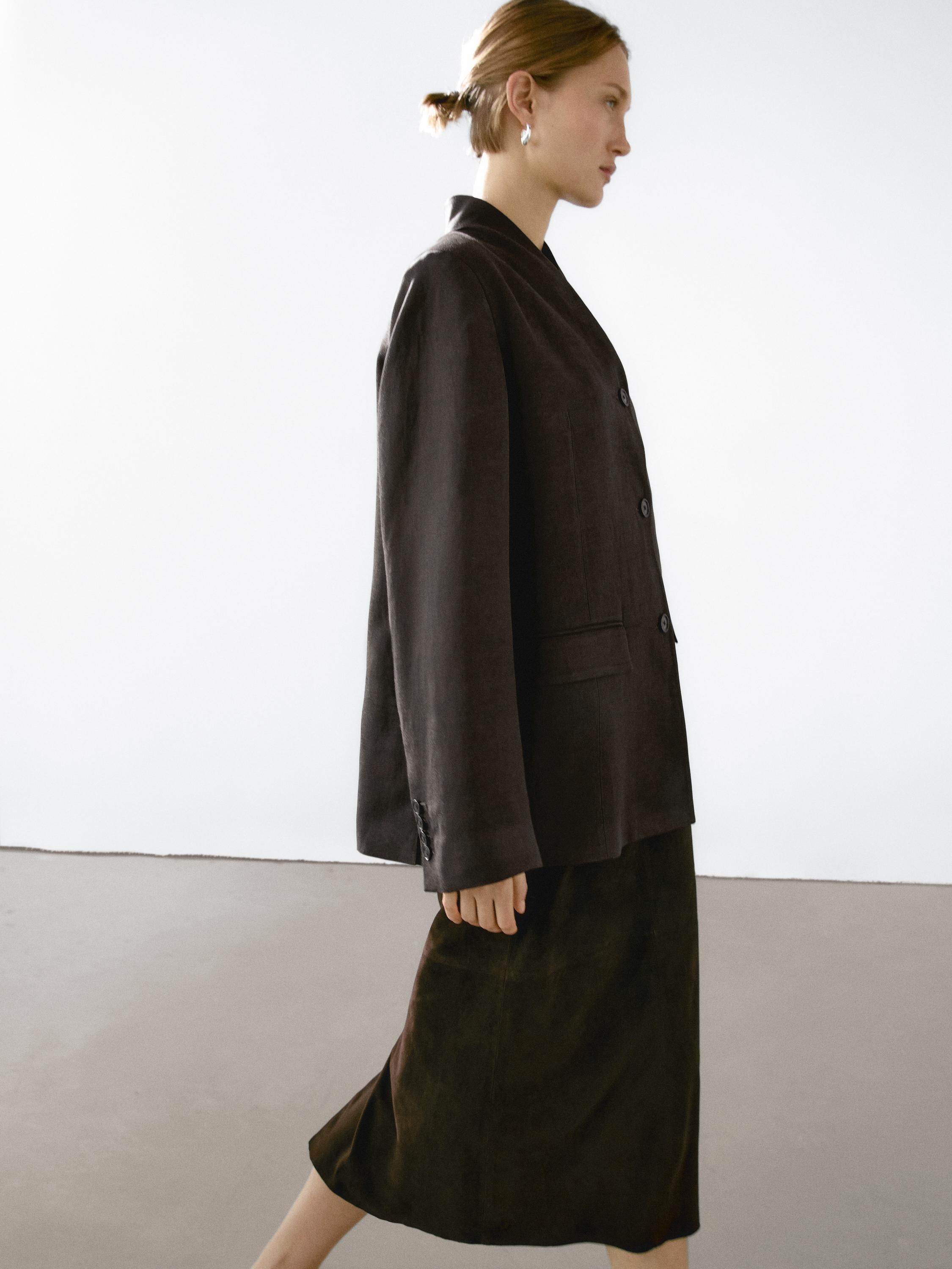 Linen blend high neck blazer