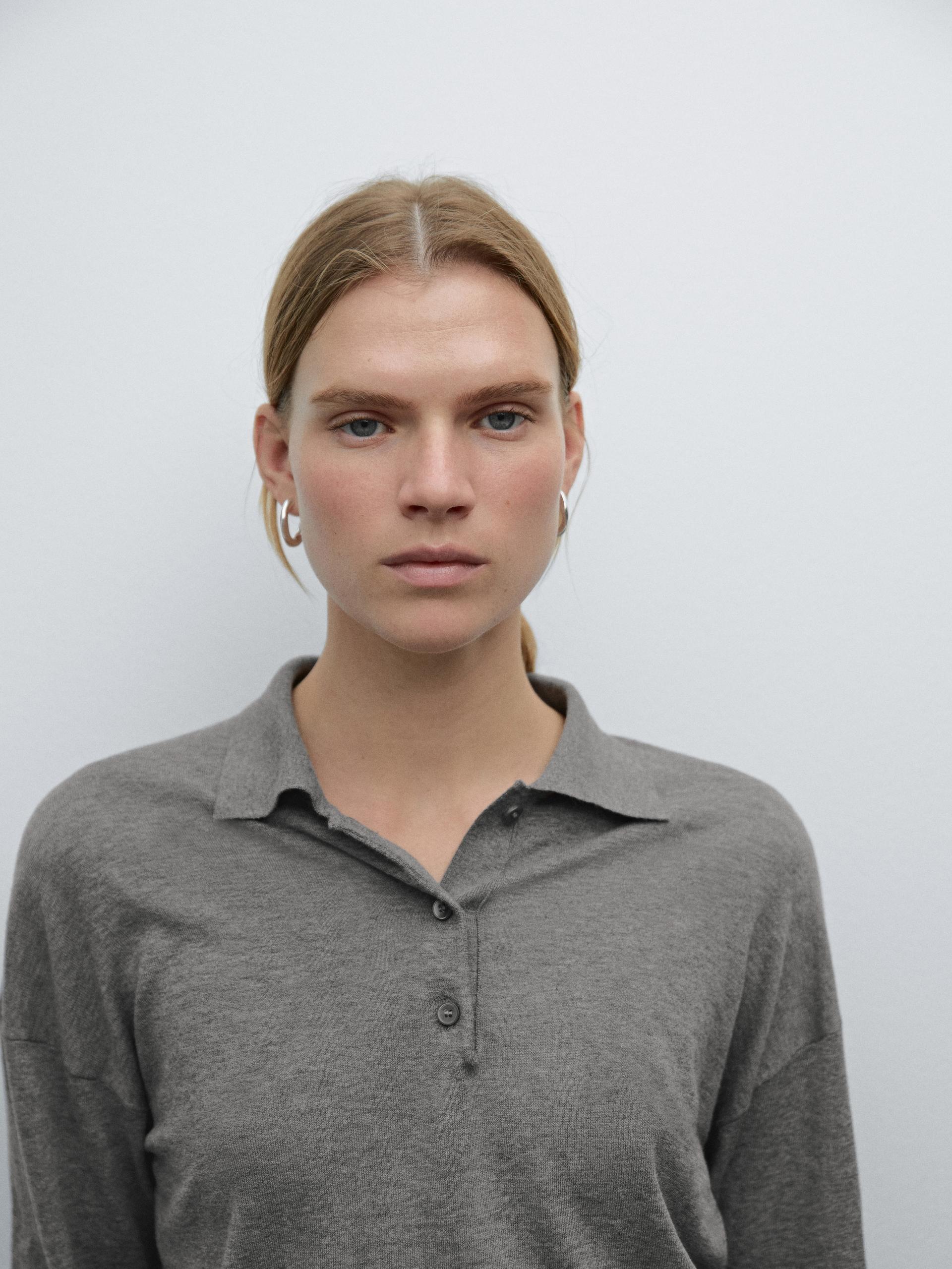 Dzianinowy Sweter Polo Z Mieszanki Bawełny - Szary Średni - Xs - Massimo Dutti - Kobieta