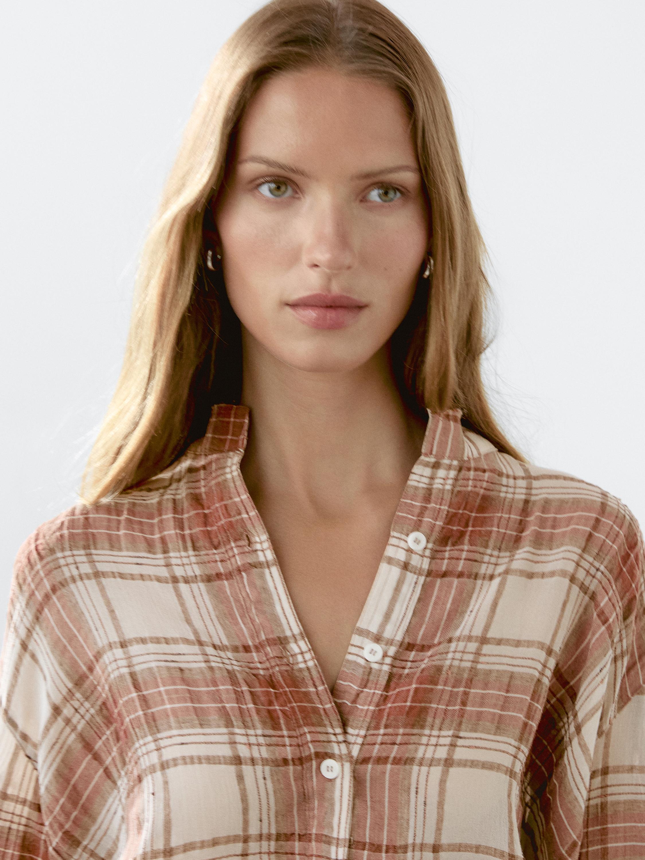 Oversized checked shirt with stand collar