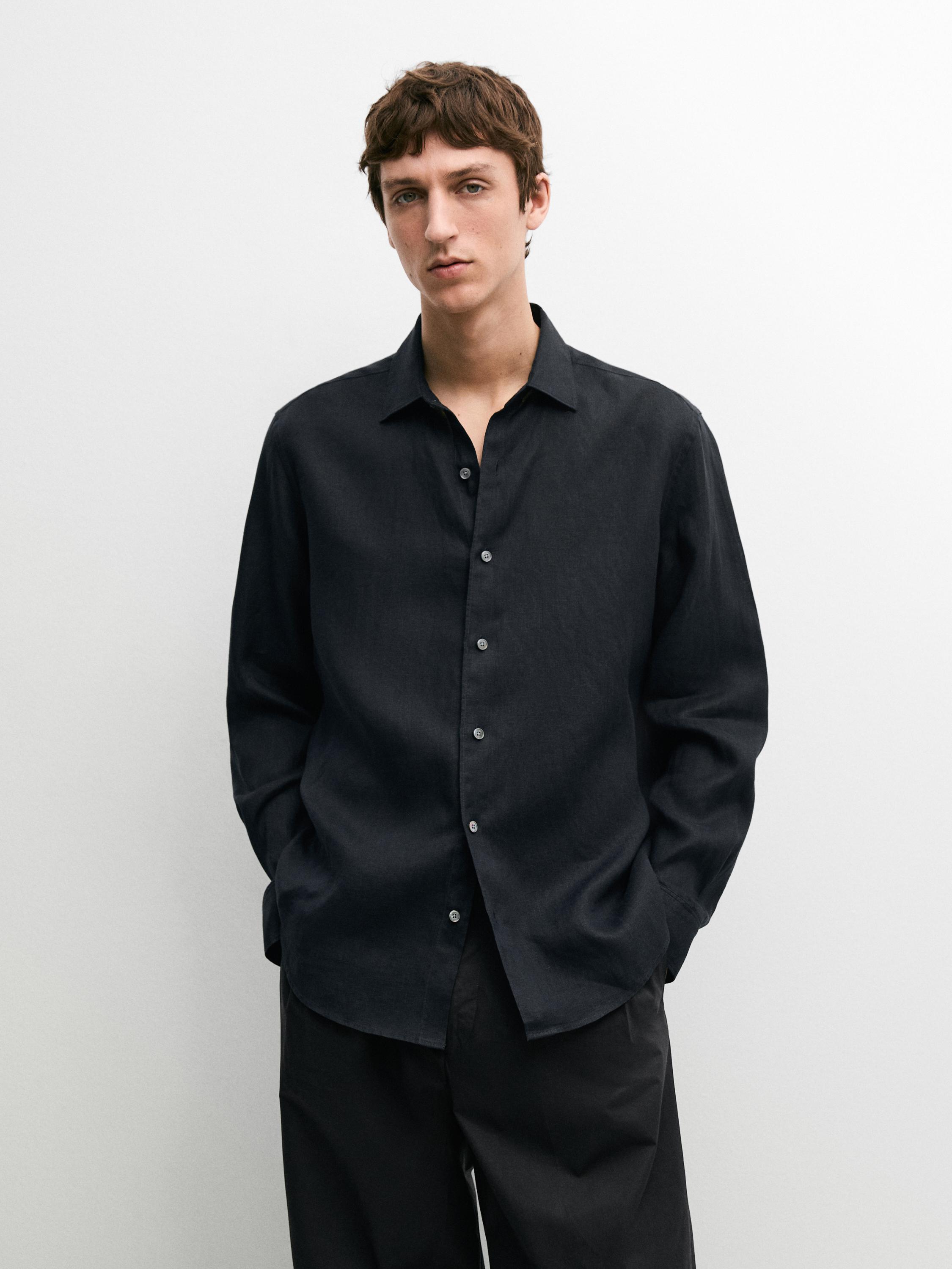 Extra fine regular fit linen shirt — NAVY BLUE